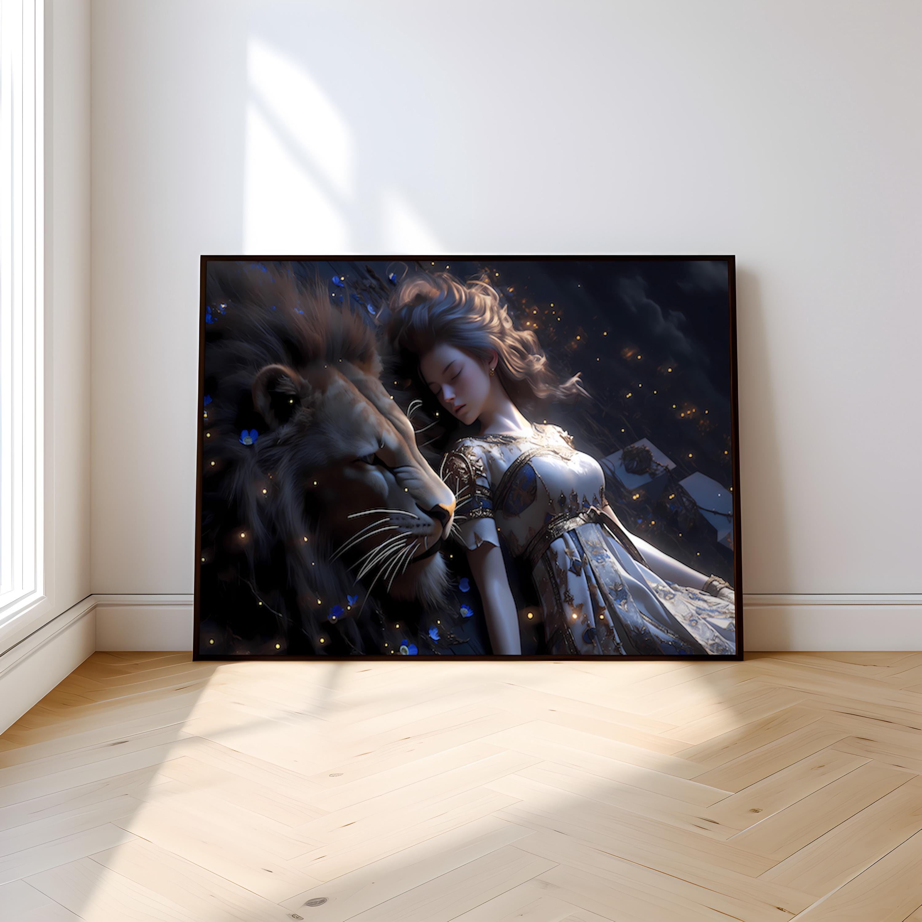 The Moonlit Guardian: Surreal Lion and Woman Art | Mystical & Serene Dreamscape Decor