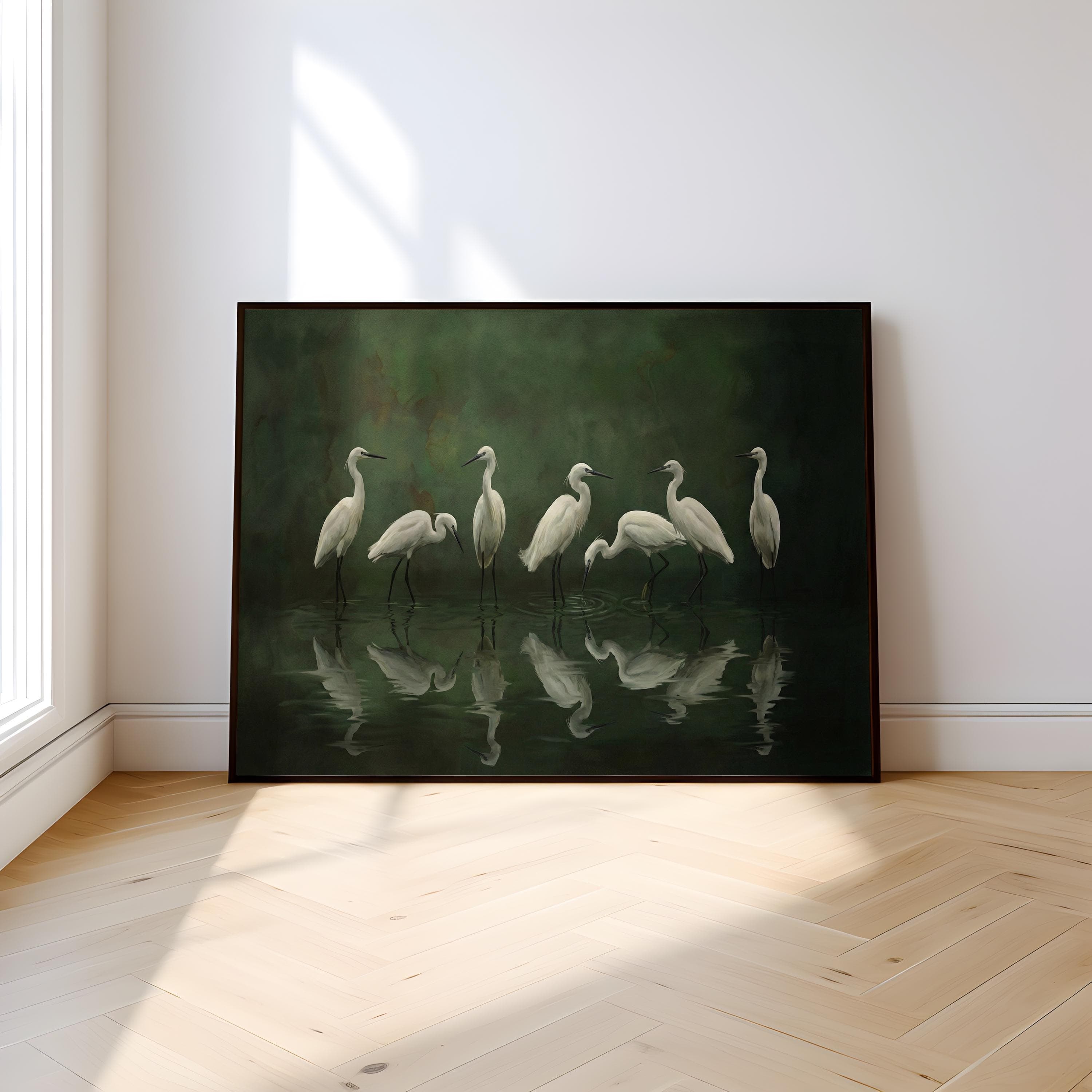Nature Canvas Art, White Egret and Heron, Moody Green Swamp (Framed or Rolled)