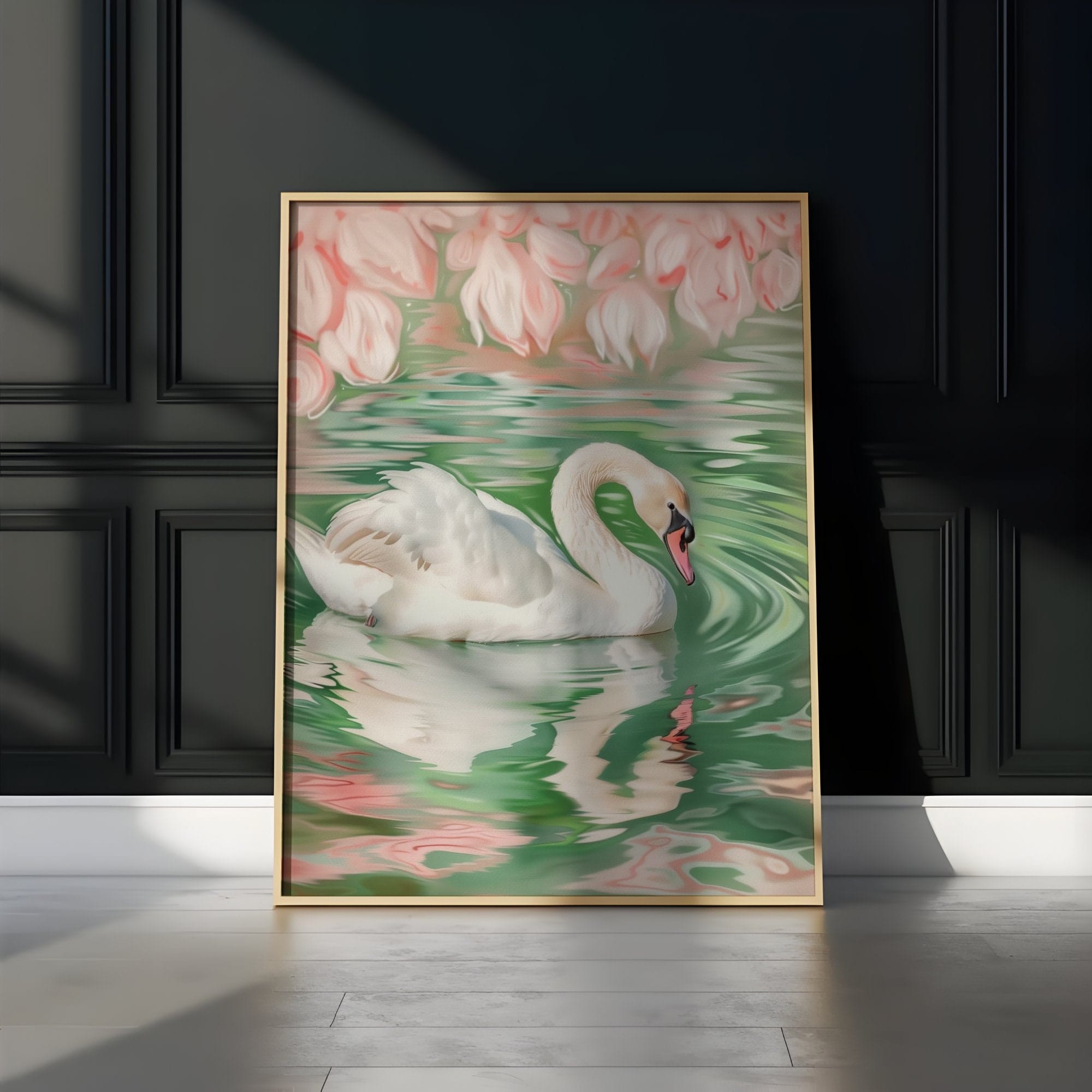 Swan Wall Art: Soft Pink Green Illustration - Calm Nature Scene