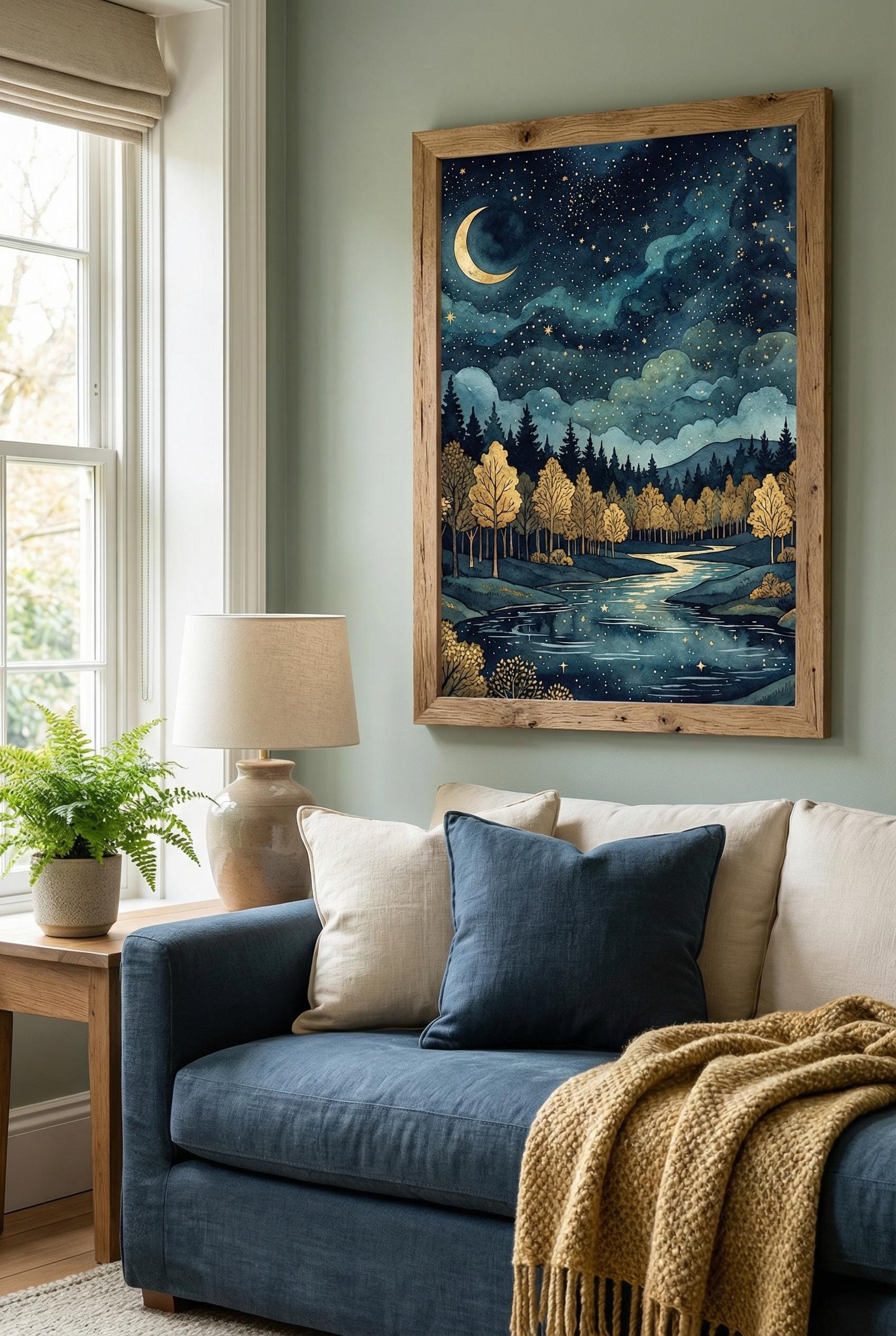 Wall Art Print: Golden Moon and Stars - Blue Abstract Design
