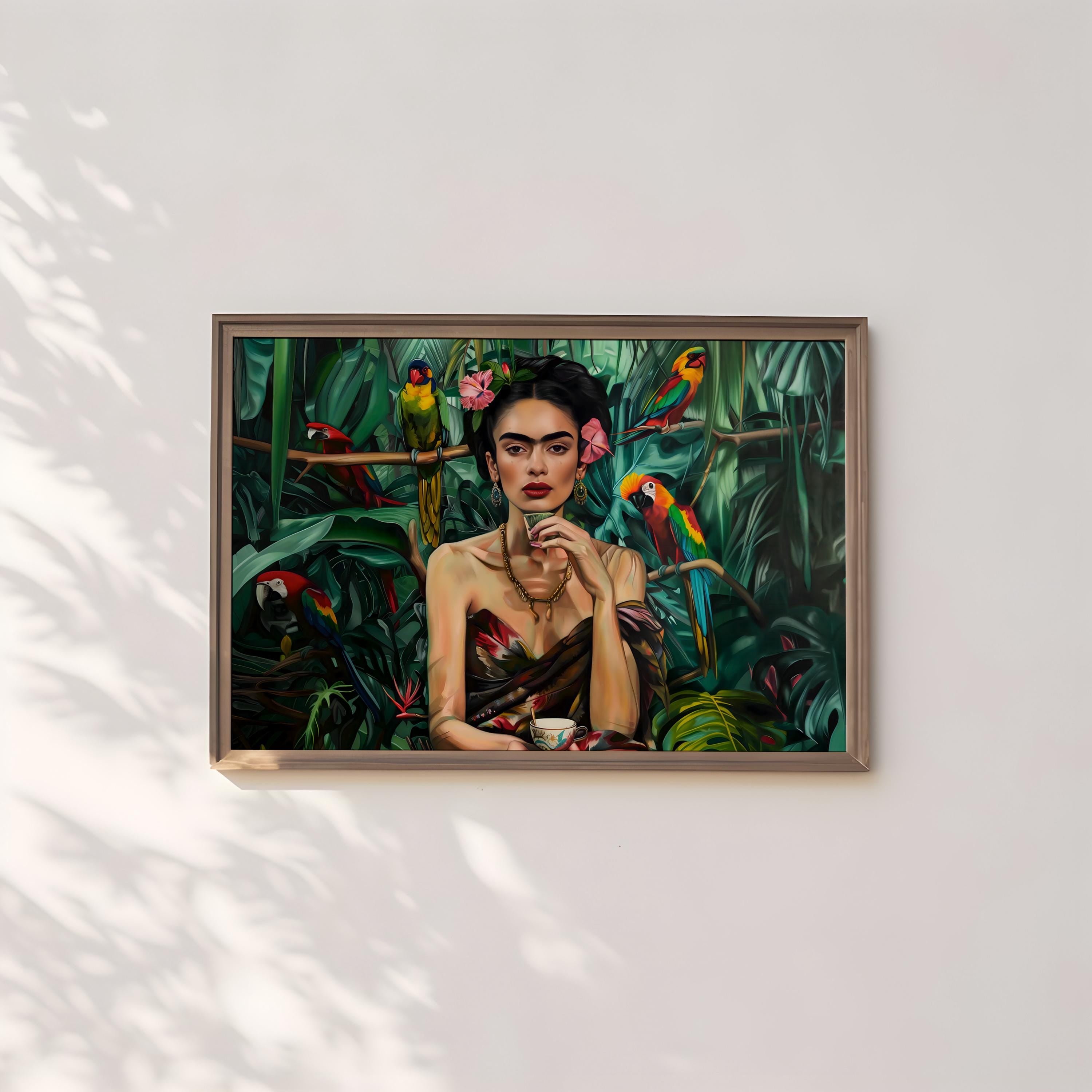 Tropical Goddess: Vibrant Jungle Portrait with Parrots | Exotic Floral Wall Art Decor