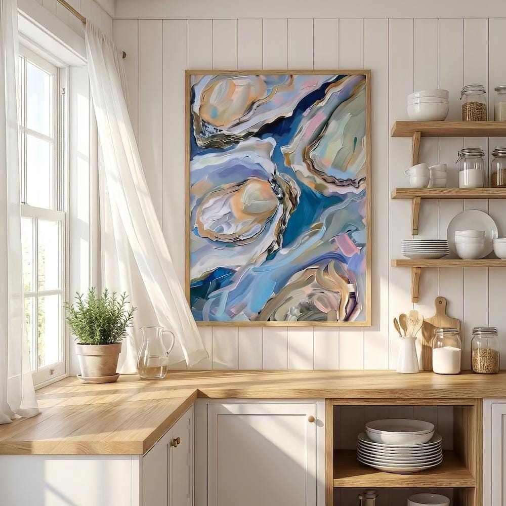 Oyster Delight Coastal Painting, Vibrant Blue (Canvas or Matte Print)