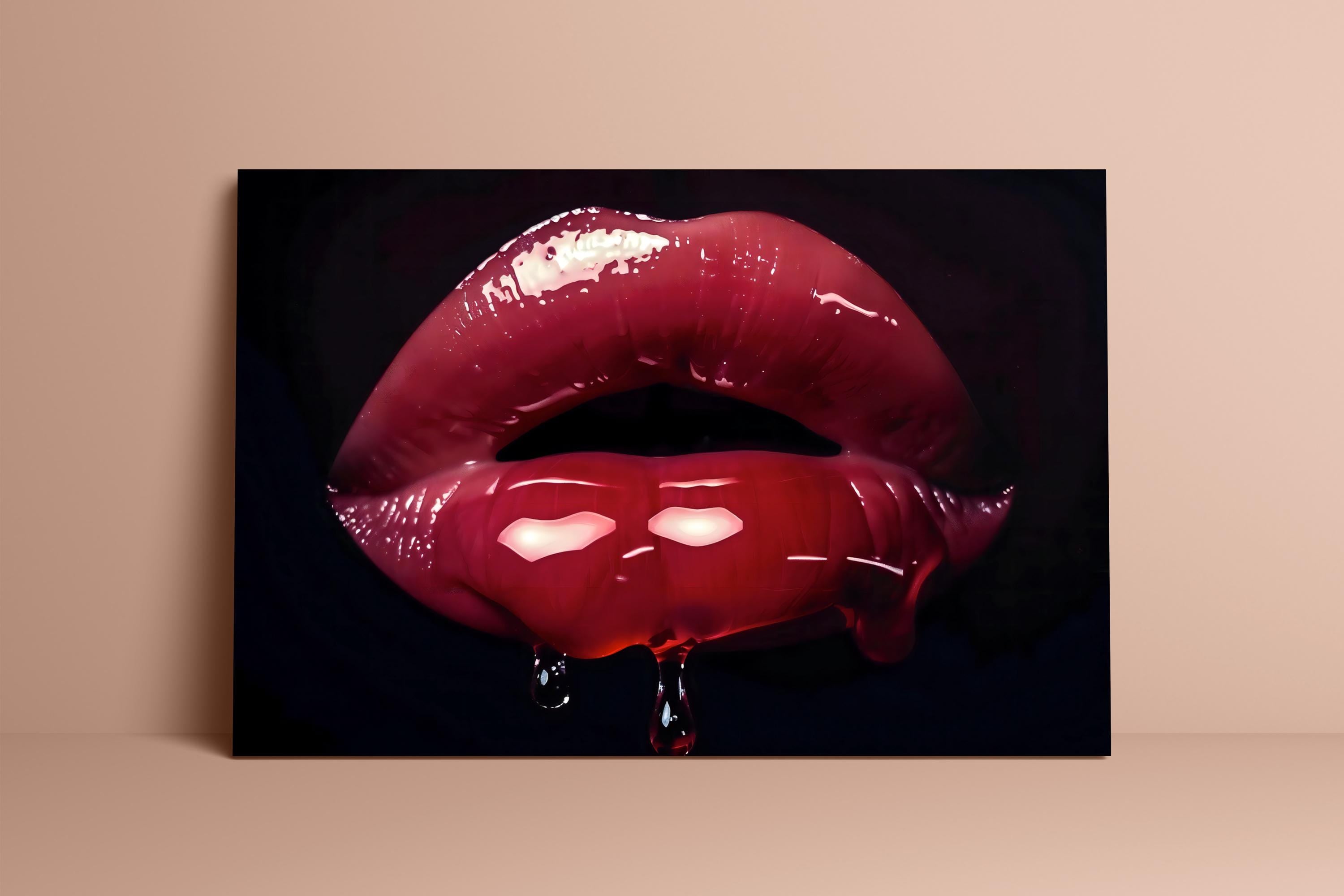 Crimson Whisper: Hyperrealistic Red Lips Art | Modern, Glamorous & Seductive Wall Decor
