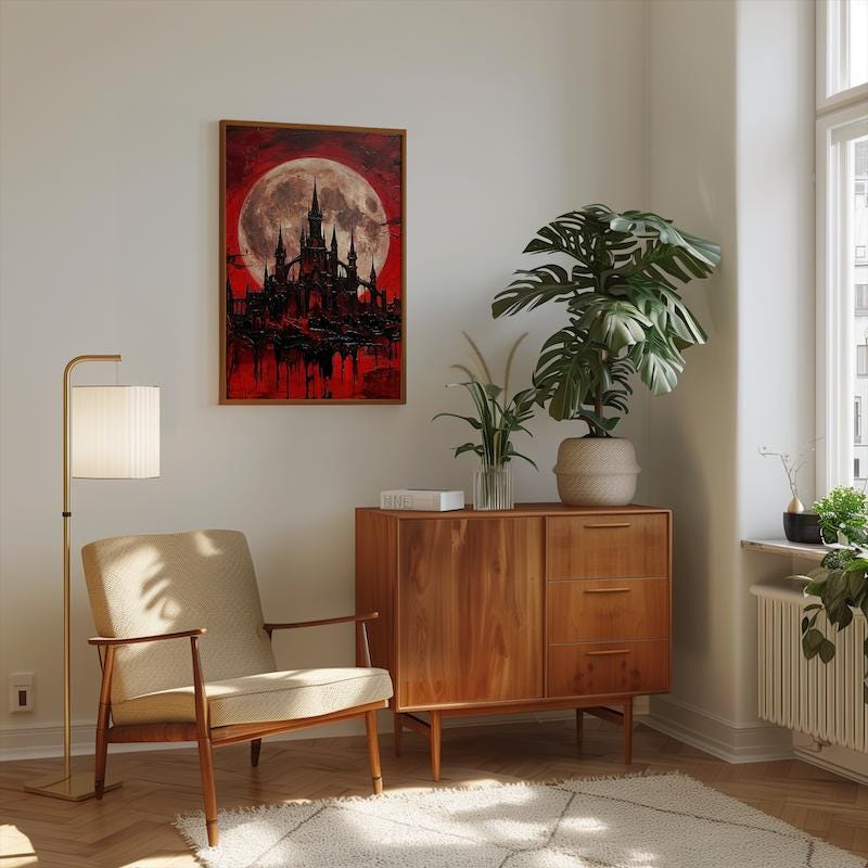 Castle Wall Art: Blood Moon Scene - Gothic Dark Fantasy Decor