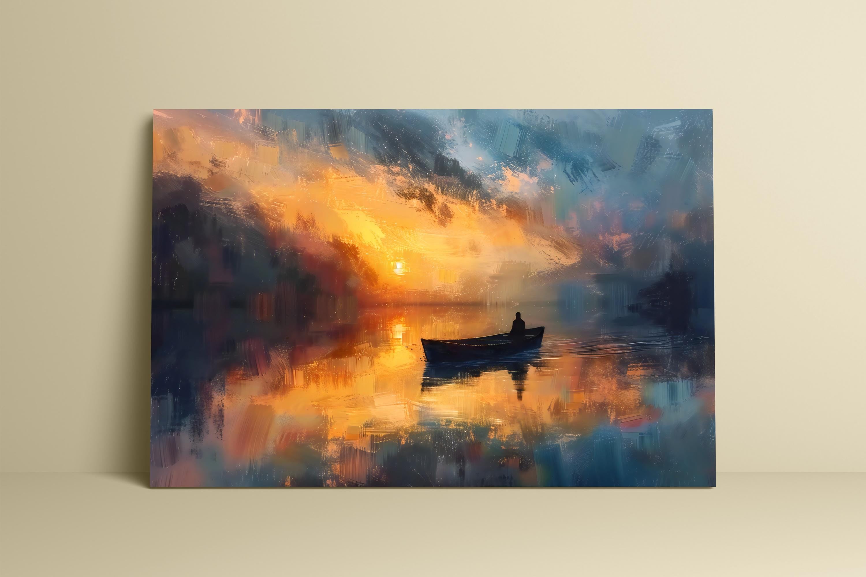Sunset Solitude: Serene Lone Boat Canvas Art | Tranquil Orange & Blue Lake Decor