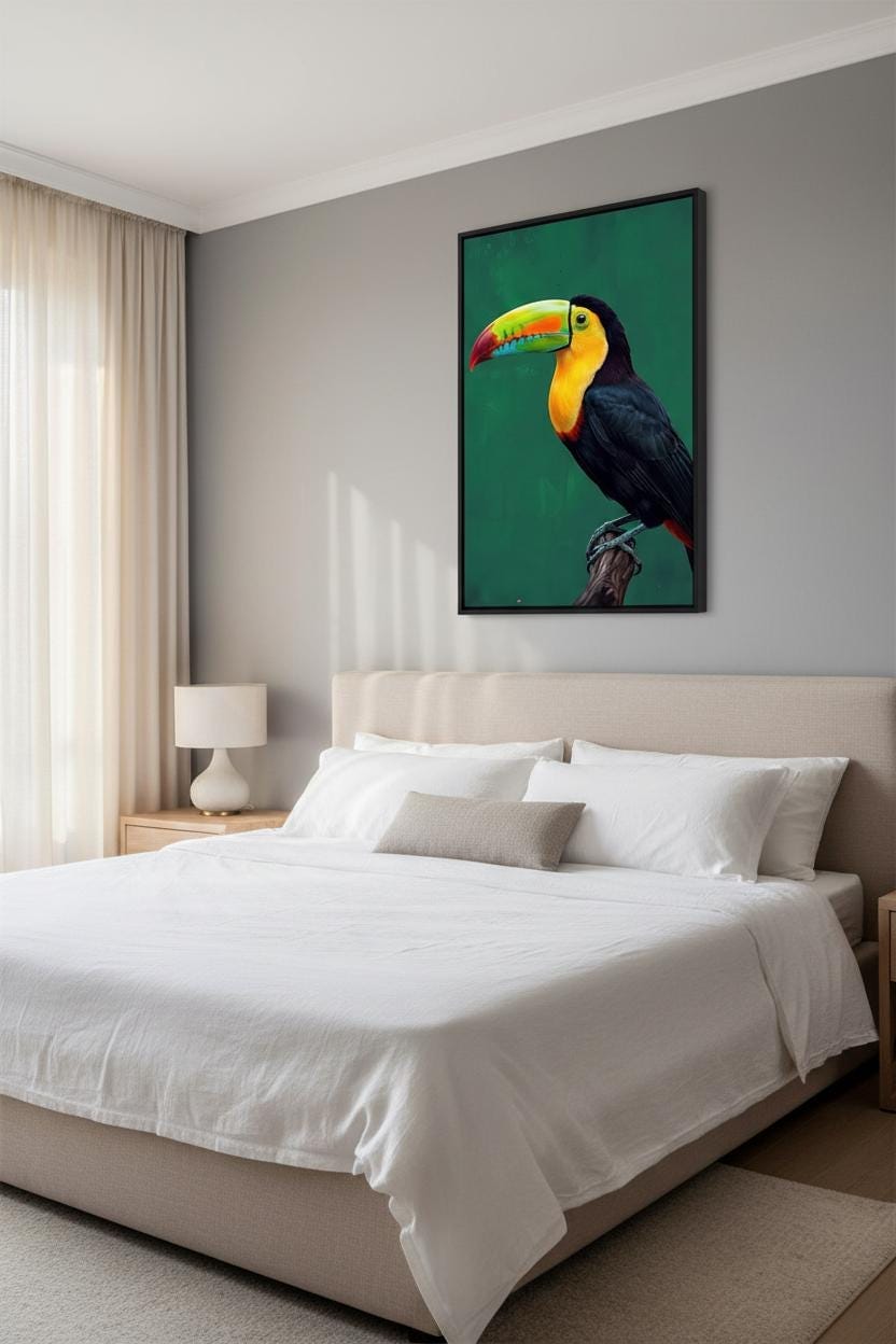 Toco Toucan Wall Art | Tropical Emerald Green Animal Print | Vibrant Jungle Canvas Decor | Framed Artwork for Home or Office