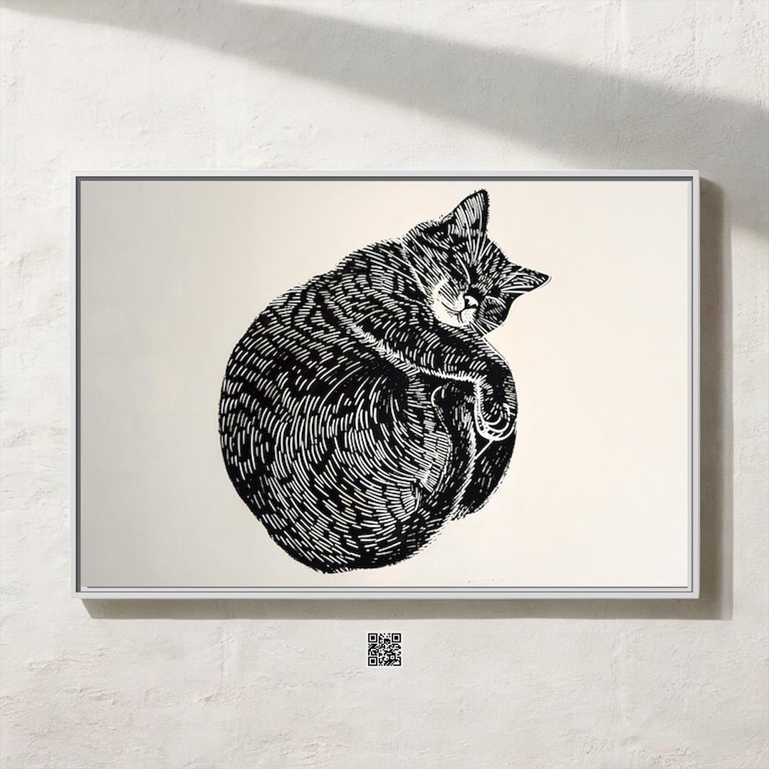 Peaceful Cat Nap: Whimsical Linocut Art Print | Cozy & Serene Wall Decor for Cat Lovers
