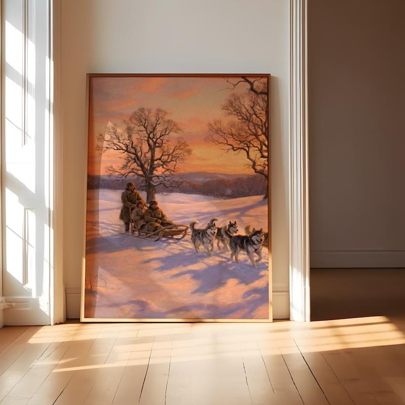 Winter Sledding Art: Husky Team in Snow (Canvas or Paper Prints)
