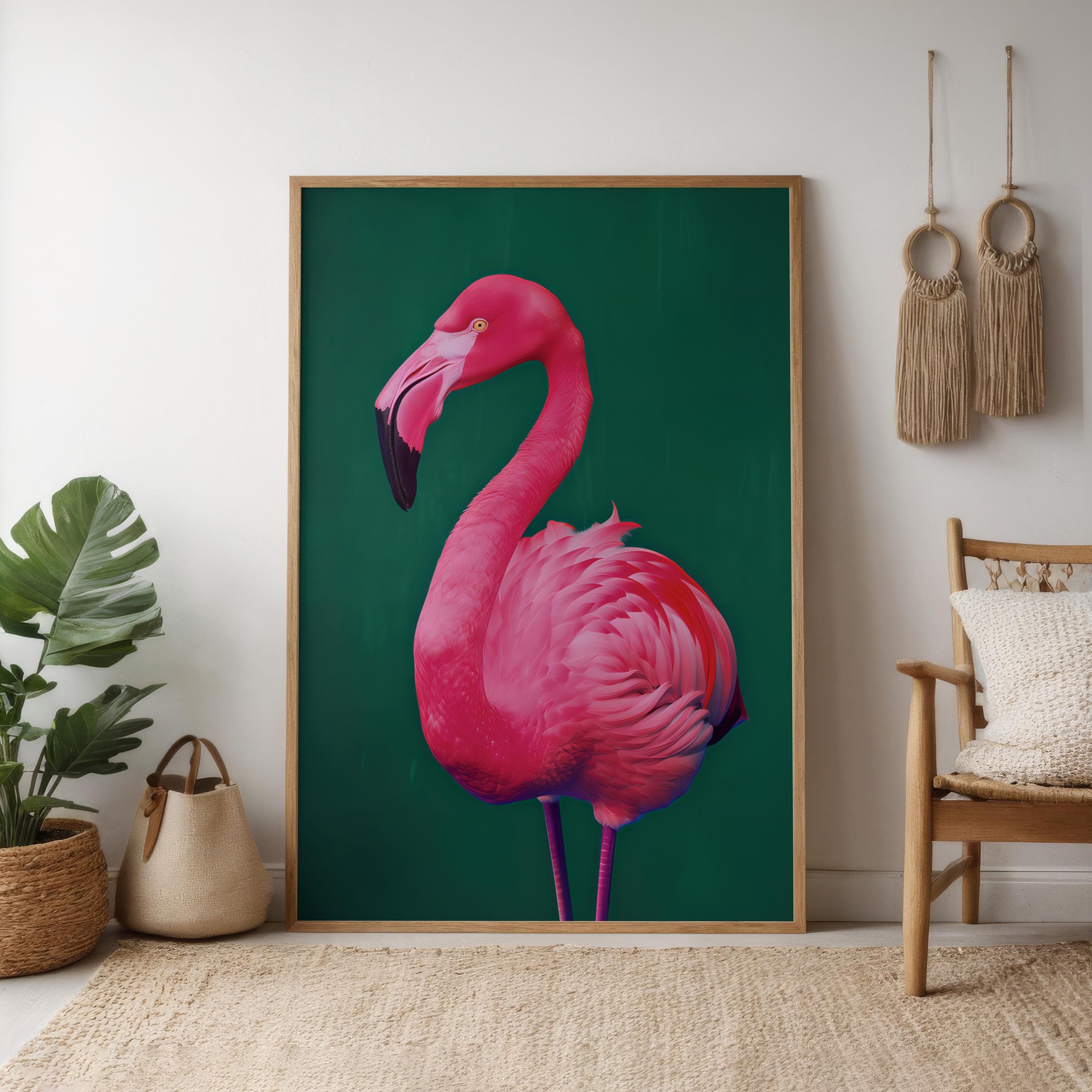 Bright Pink Flamingo Wall Art - Neon Colors with Emerald Green Background