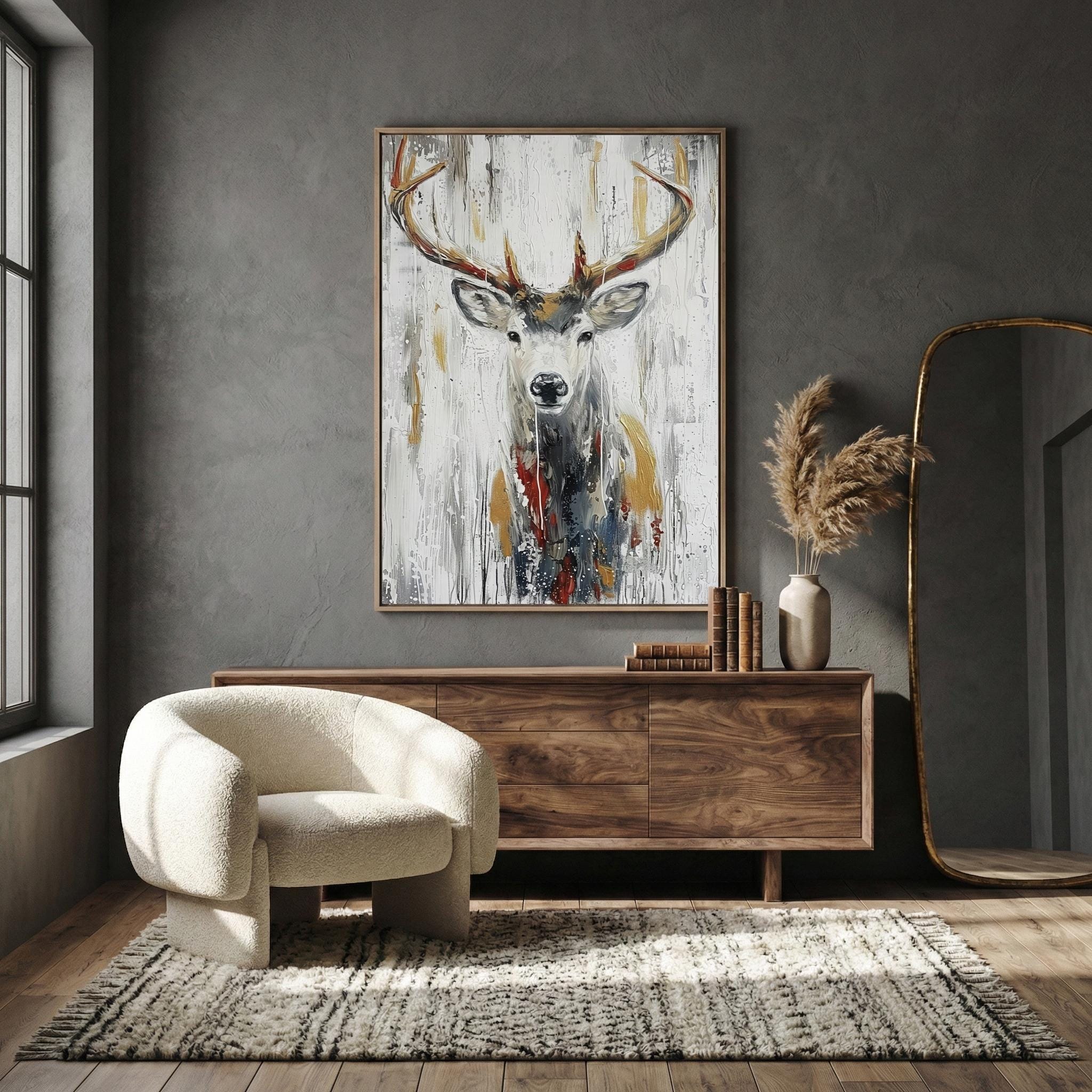 Serene Deer Canvas, Abstract Forest Art (Modern Wall Decor)