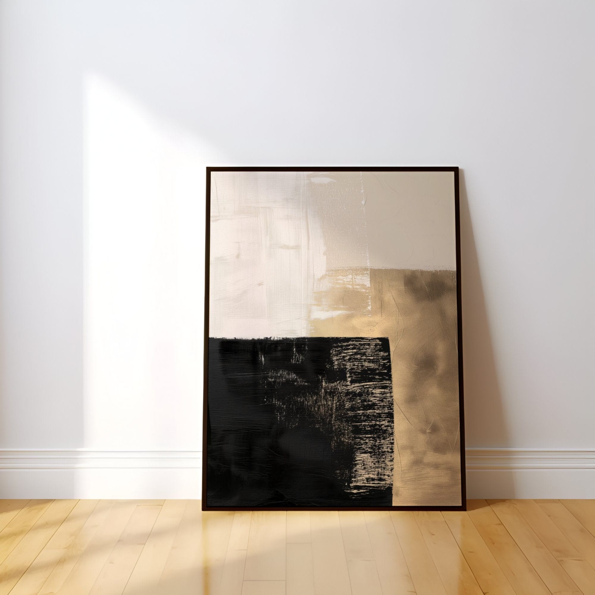 Abstract Canvas Art: Black, Gold, and Beige - Minimalist Decor