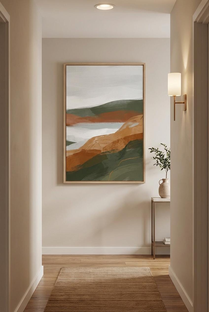 Terracotta Wall Art Print: Abstract Mountain Lake - Earth Tone Decor