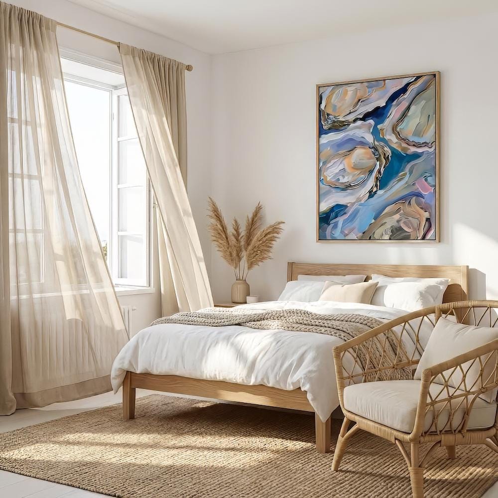 Oyster Delight Coastal Painting, Vibrant Blue (Canvas or Matte Print)