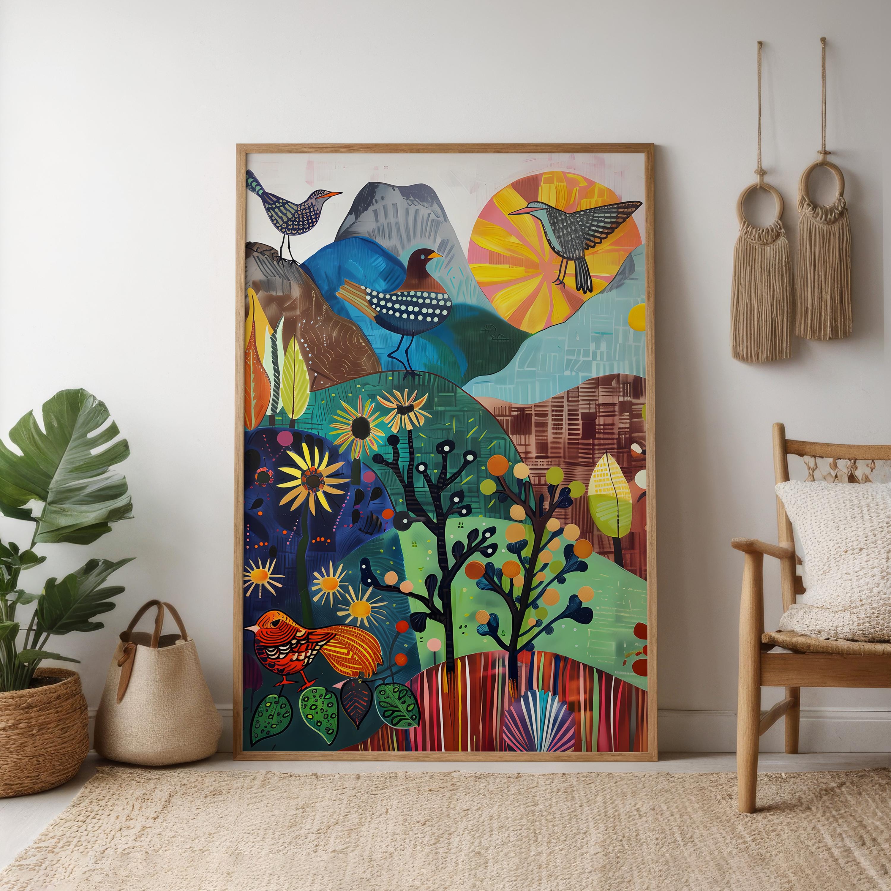 Little Green Valley Wall Art: Serene Birds and Mountain Landscape