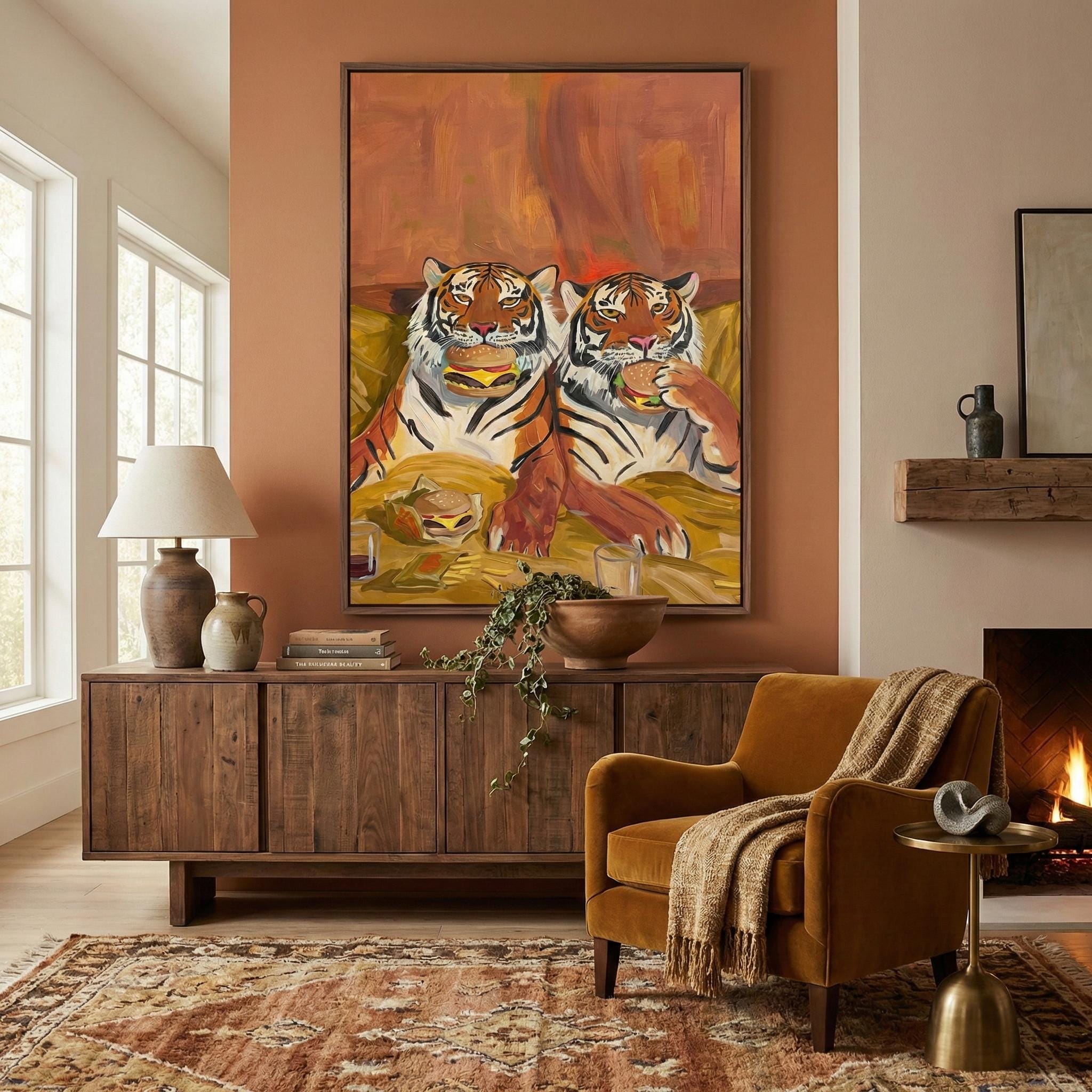 Quirky Tiger Canvas, Burgers and Fries, Warm Tones (Bedroom or Dorm)