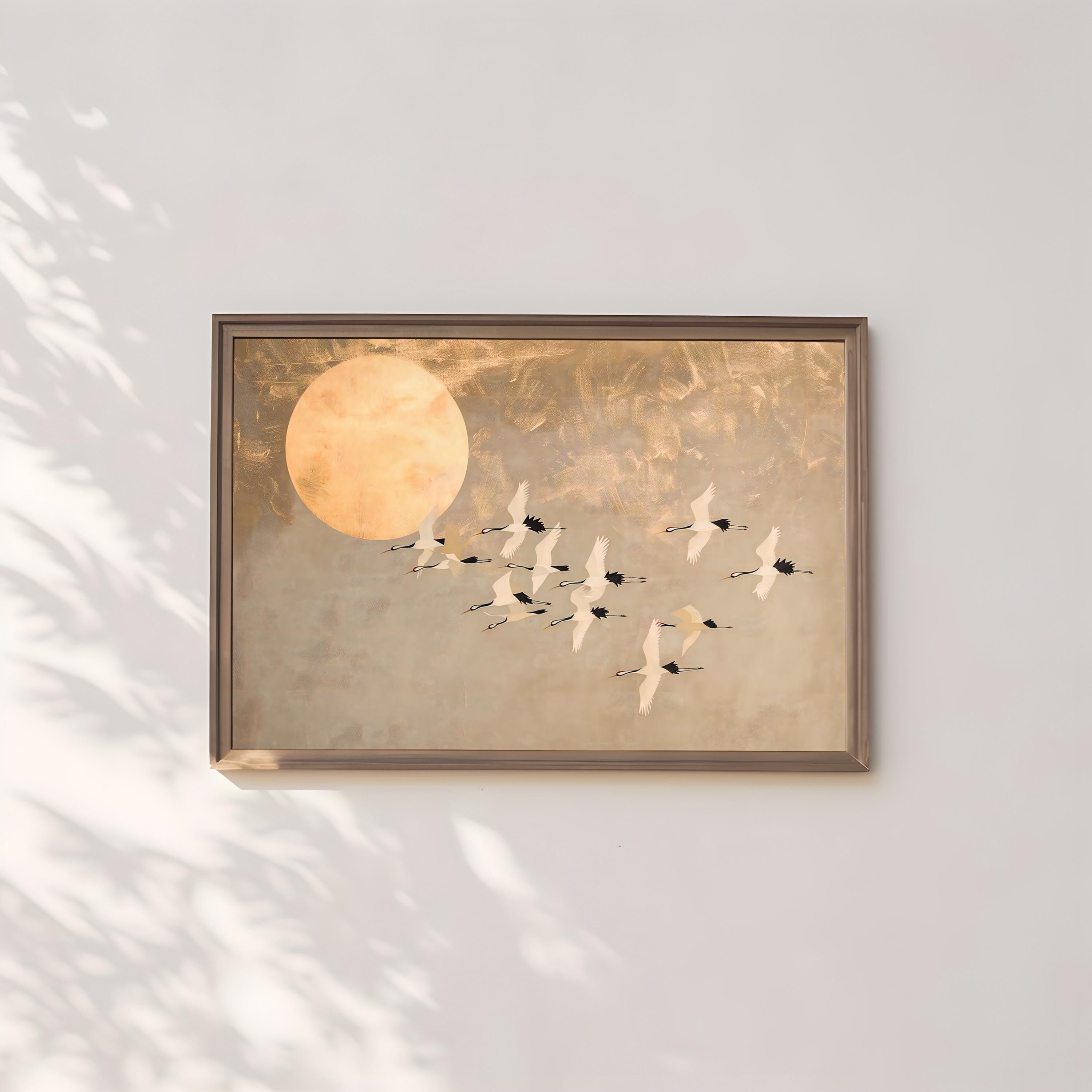 Moonlit Cranes Canvas Art: Serene Japanese-Inspired Wall Decor | Elegant & Tranquil Floral Print