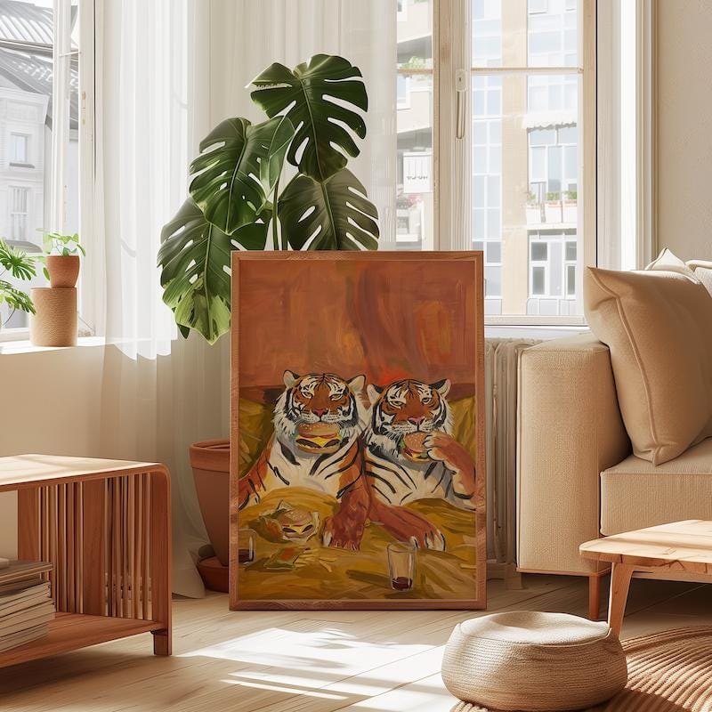 Quirky Tiger Canvas, Burgers and Fries, Warm Tones (Bedroom or Dorm)