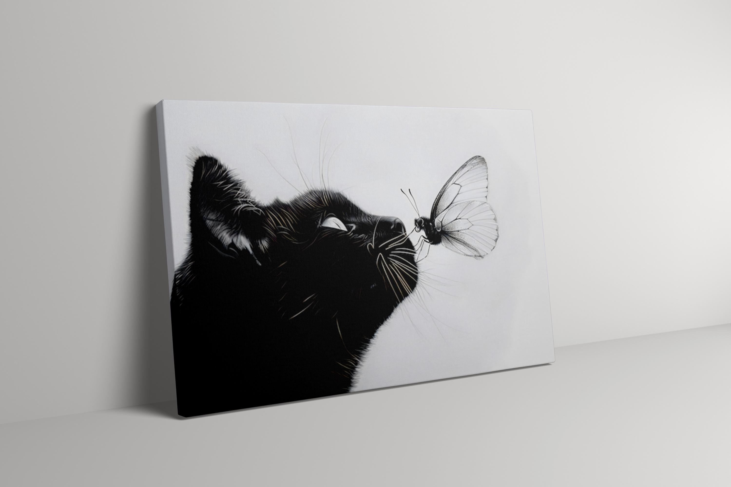 The Gentle Moment: Black Cat and Butterfly Pencil Sketch | Whimsical Monochrome Wall Art