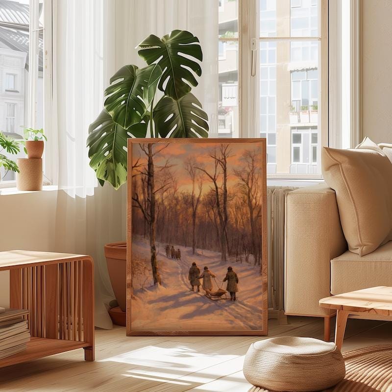 Winter Sunset Canvas, Snowy Forest Landscape (Rustic Holiday Wall Art)