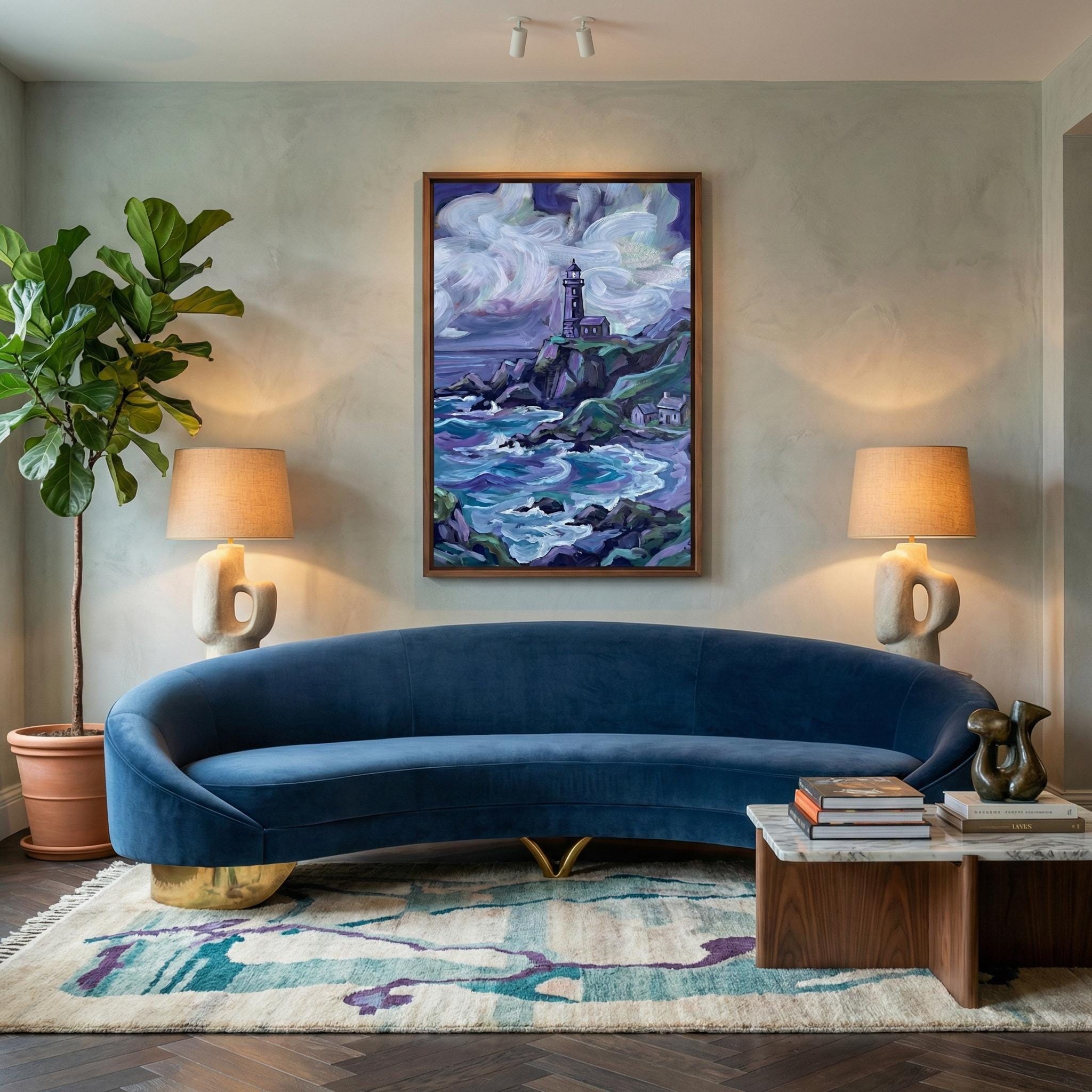 Fantasy Lighthouse Canvas, Purple Ocean, White Deer (Ready to Hang)