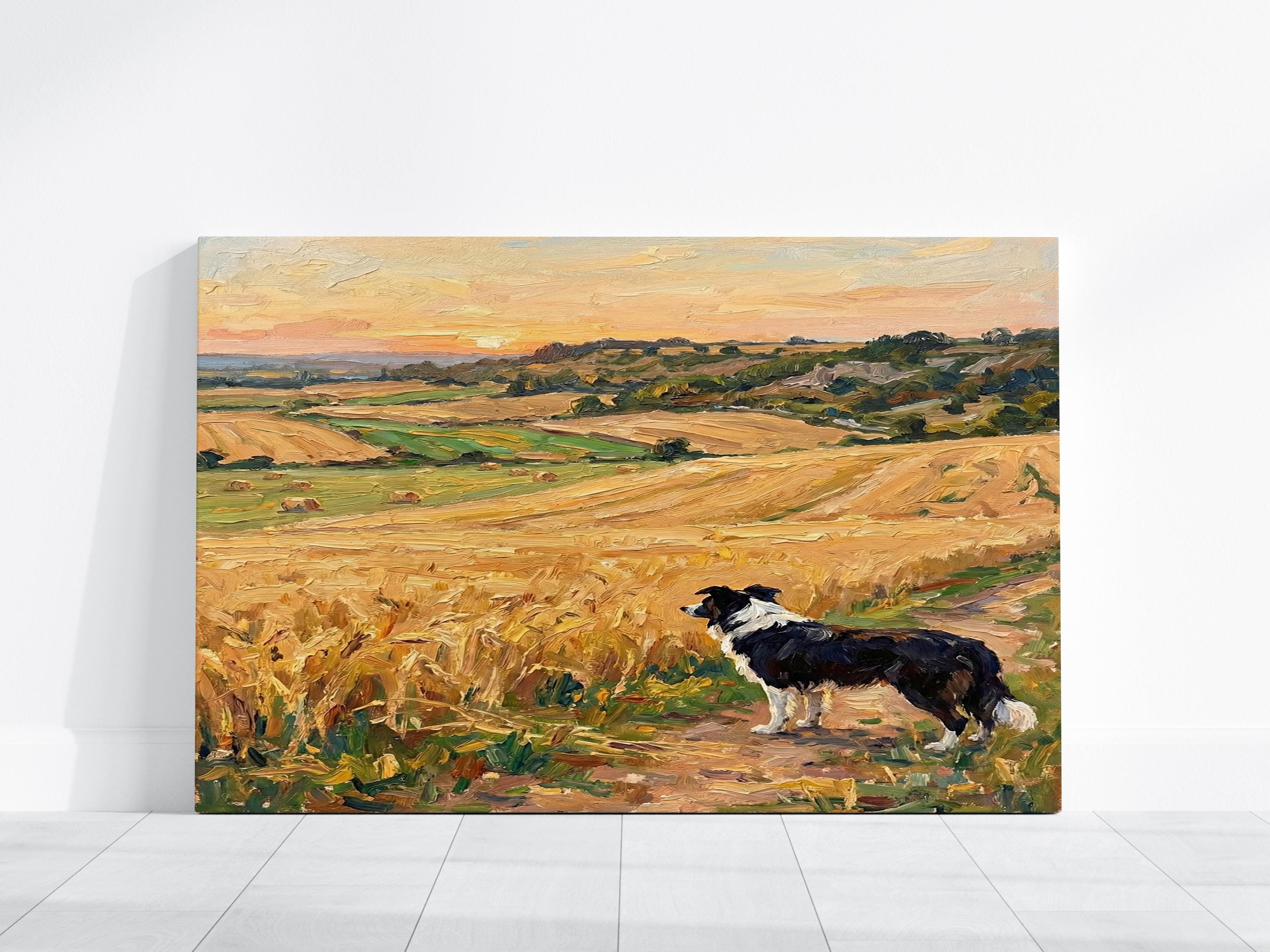 Rustic Border Collie Wall Art - Golden Wheat Field Scene