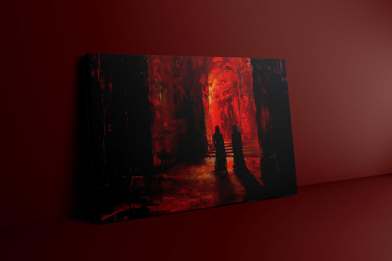 Dark Hallway Art - Moody Wall Decor | Suspenseful Artwork With Shadowy Figures & Red Glow