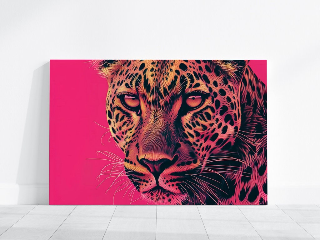 Fierce Leopard Portrait on Pink | Bold & Elegant Wildlife Canvas Art Decor