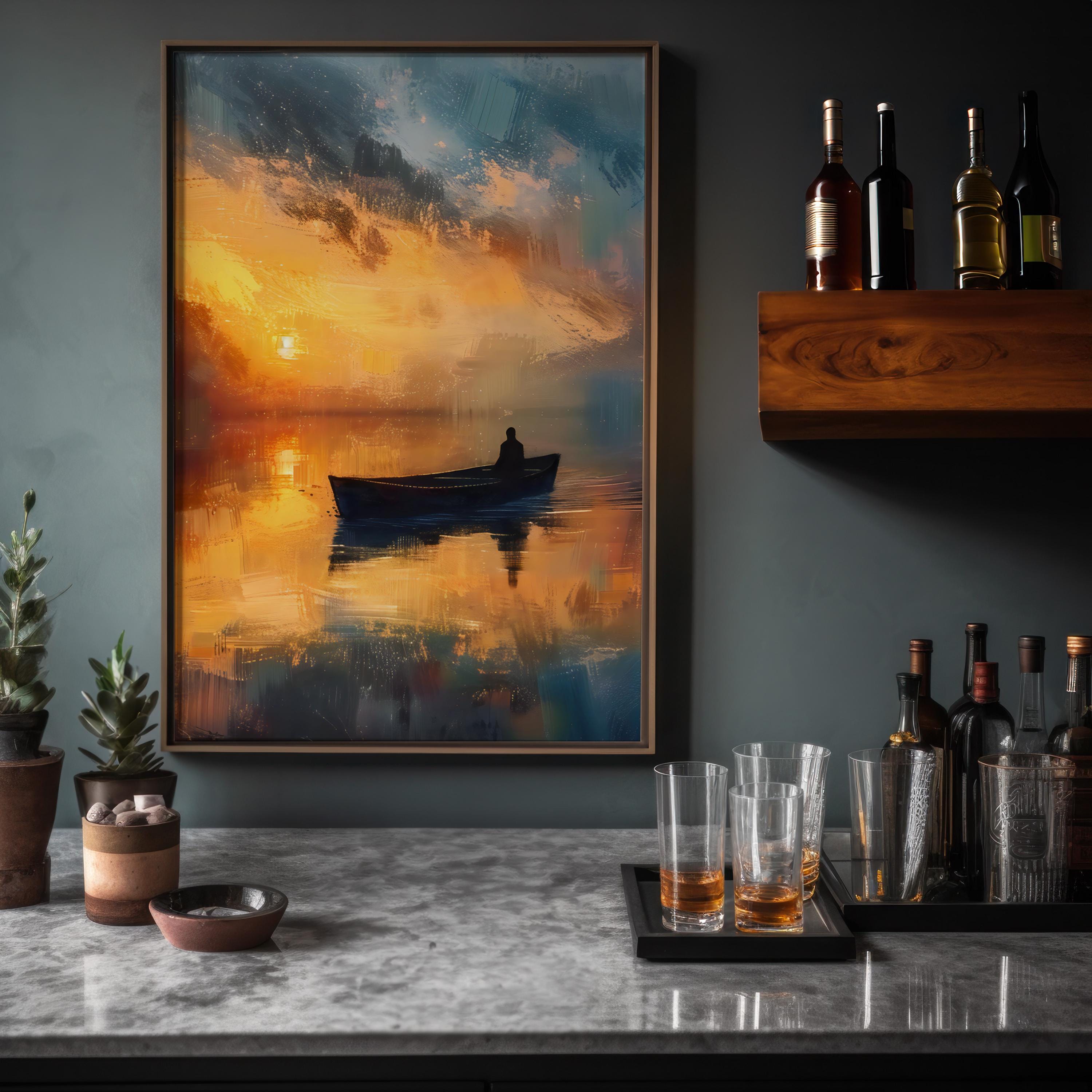 Sunset Solitude: Serene Lone Boat Canvas Art | Tranquil Orange & Blue Lake Decor
