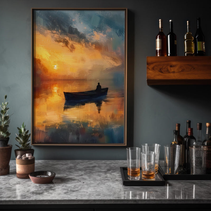 Lone Boat Canvas Art – Serene Lake Painting With Vibrant Orange Blue Sunset