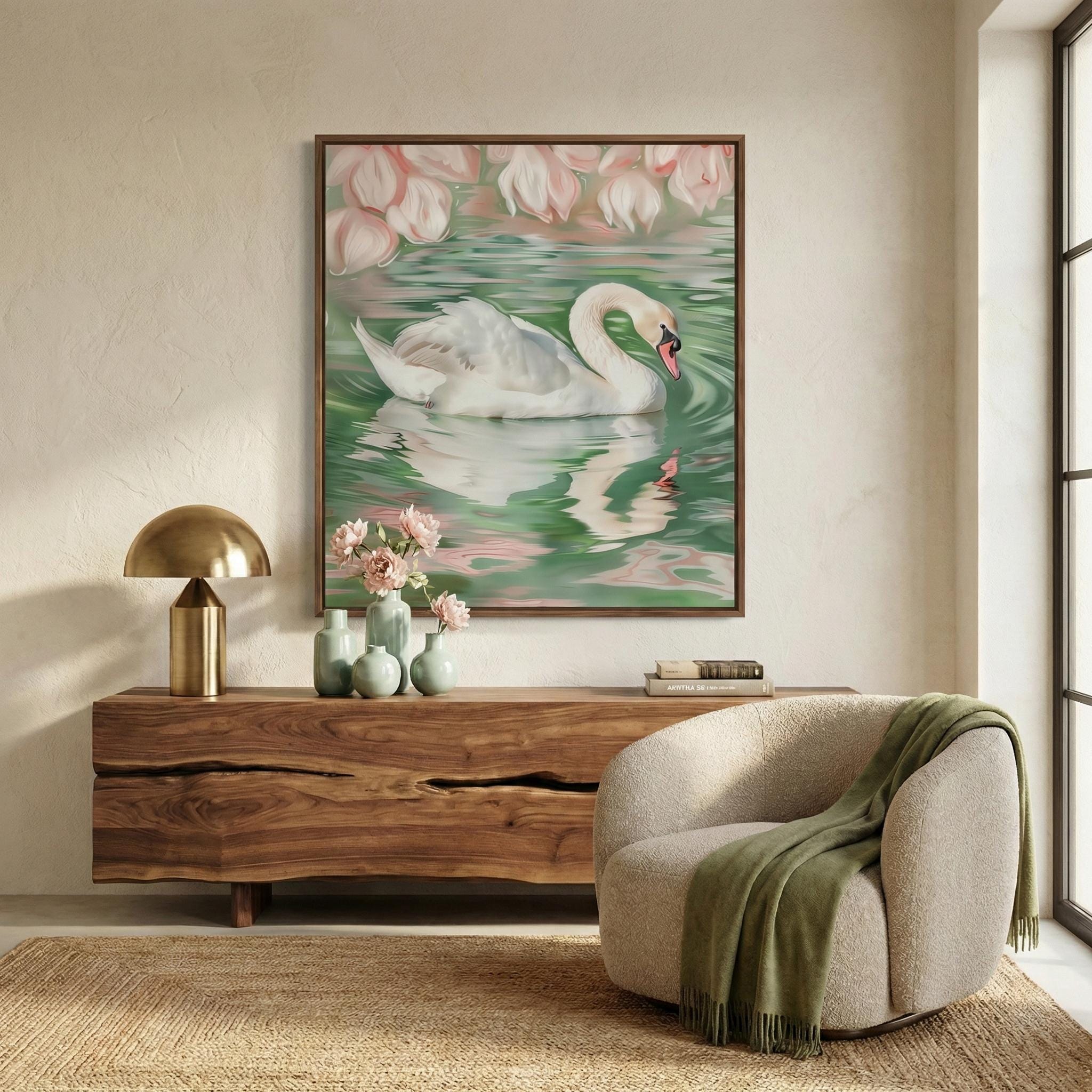 Swan Wall Art: Soft Pink Green Illustration - Calm Nature Scene