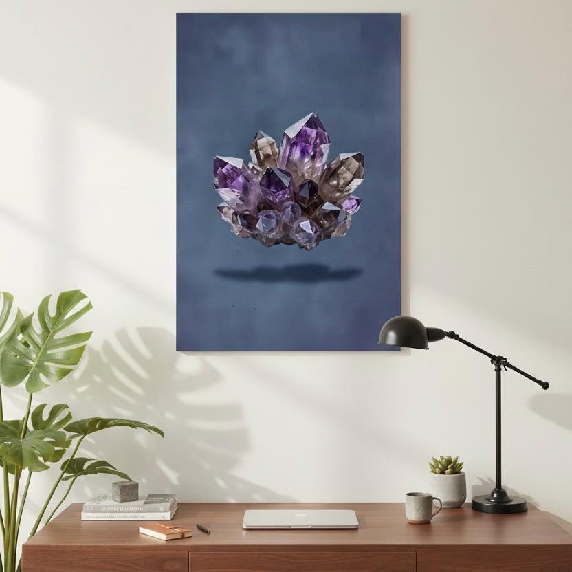 a large abstract painting of purple crystals hanging on a wall above a wooden desk with a laptop, plant, and other items.