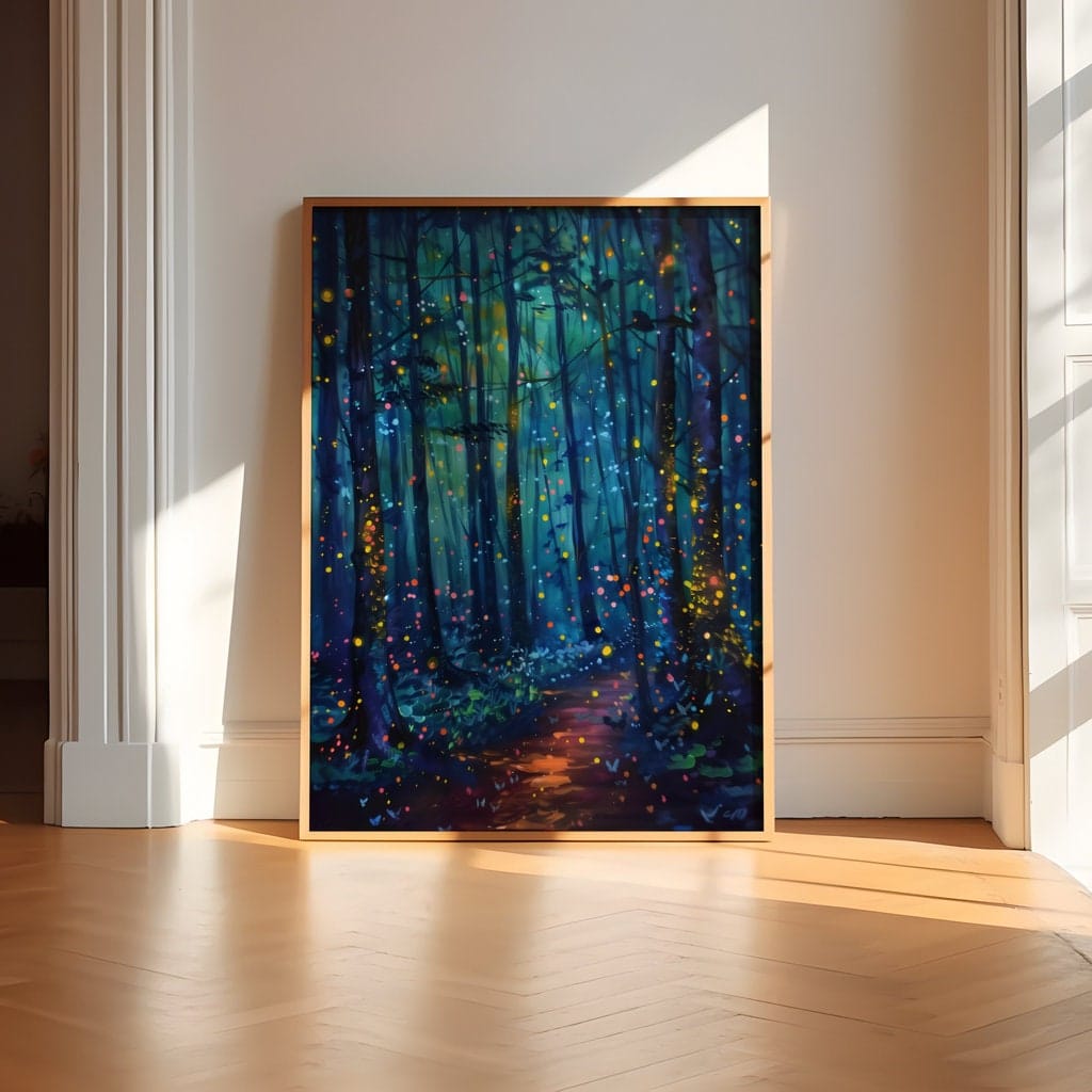 Enchanted Forest Wall Art: Glowing Fireflies, Night Path