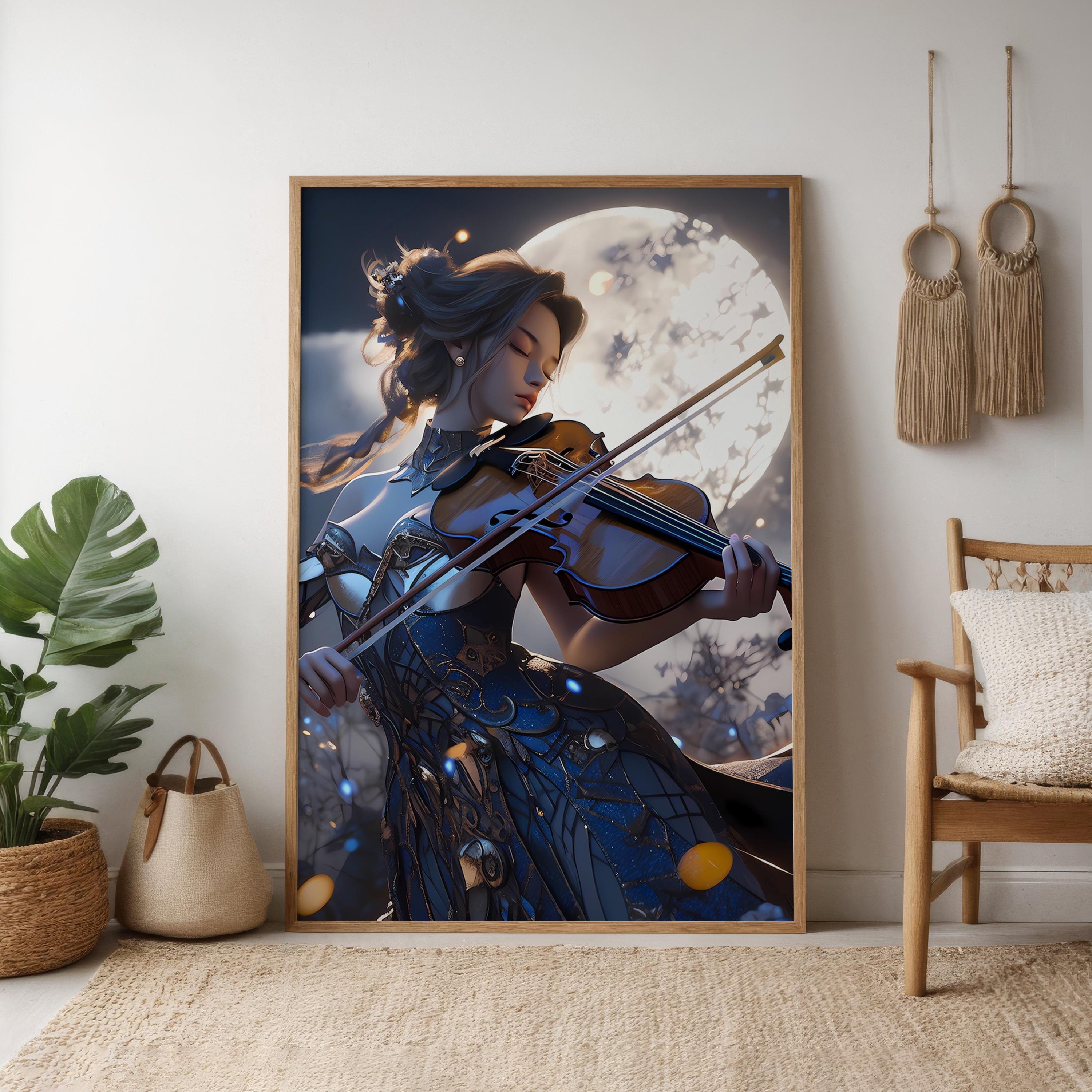 Lunar Sonata: Elegant Violinist in Moonlight Art Print | Romantic & Serene Framed Wall Decor