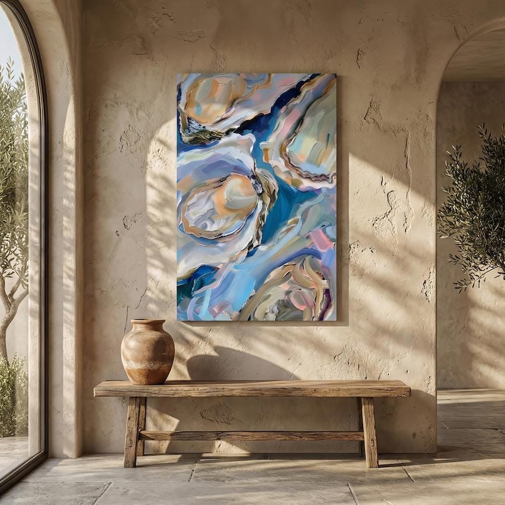 Oyster Delight Coastal Painting, Vibrant Blue (Canvas or Matte Print)