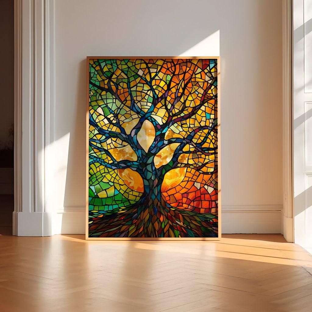 Stained Glass Tree of Life: Colorful Mosaic Canvas Art | Vibrant & Elegant Wall Decor