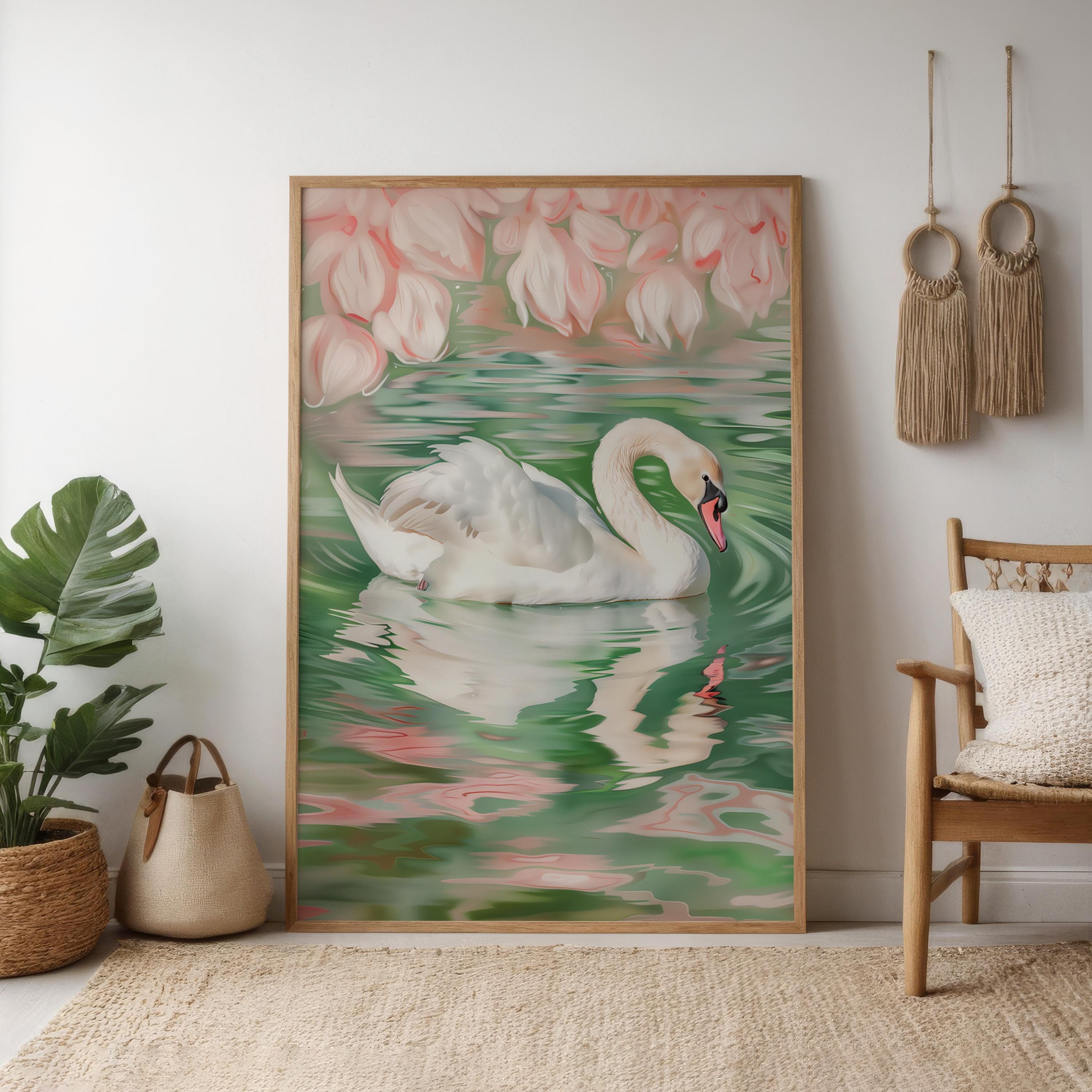 Swan Wall Art: Soft Pink Green Illustration - Calm Nature Scene