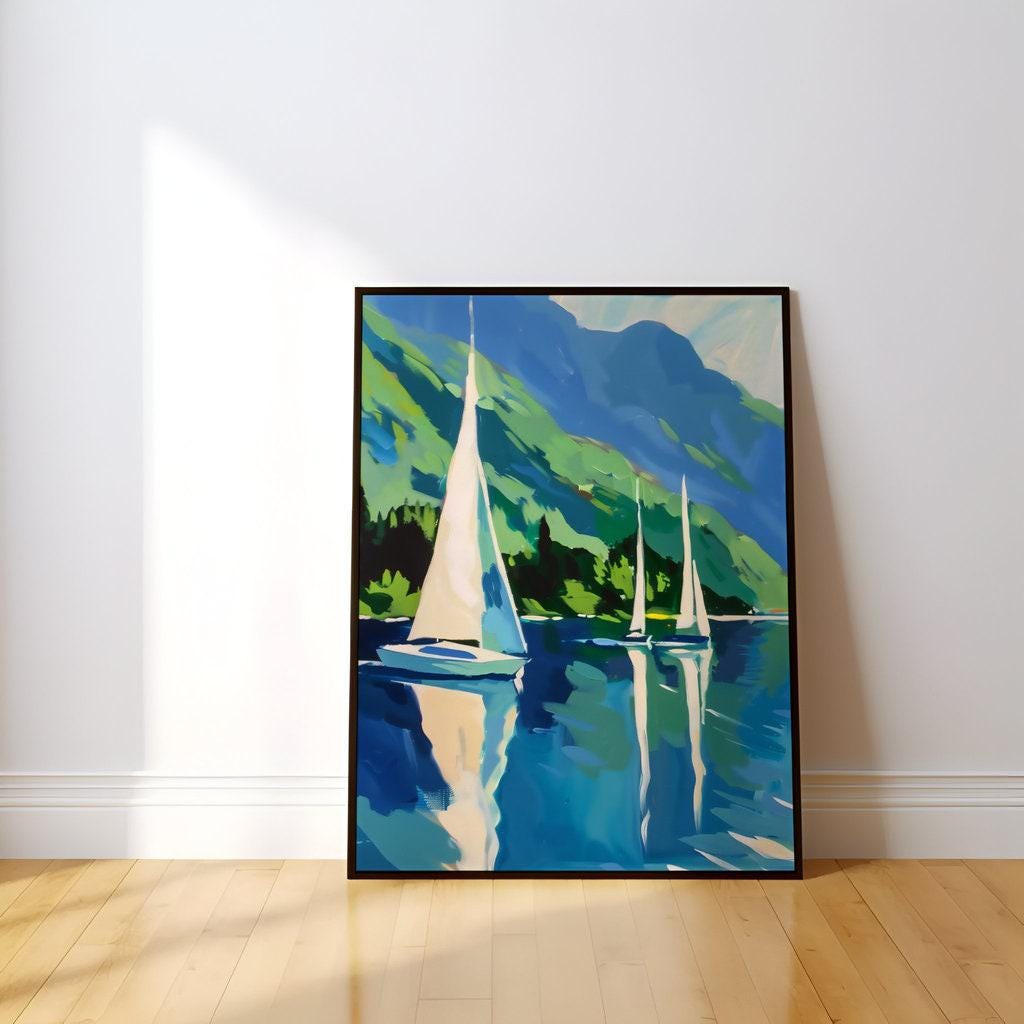 Mountain Lake Serenity: Tranquil Sailboat Canvas Art | Picturesque Blue & Green Landscape Decor
