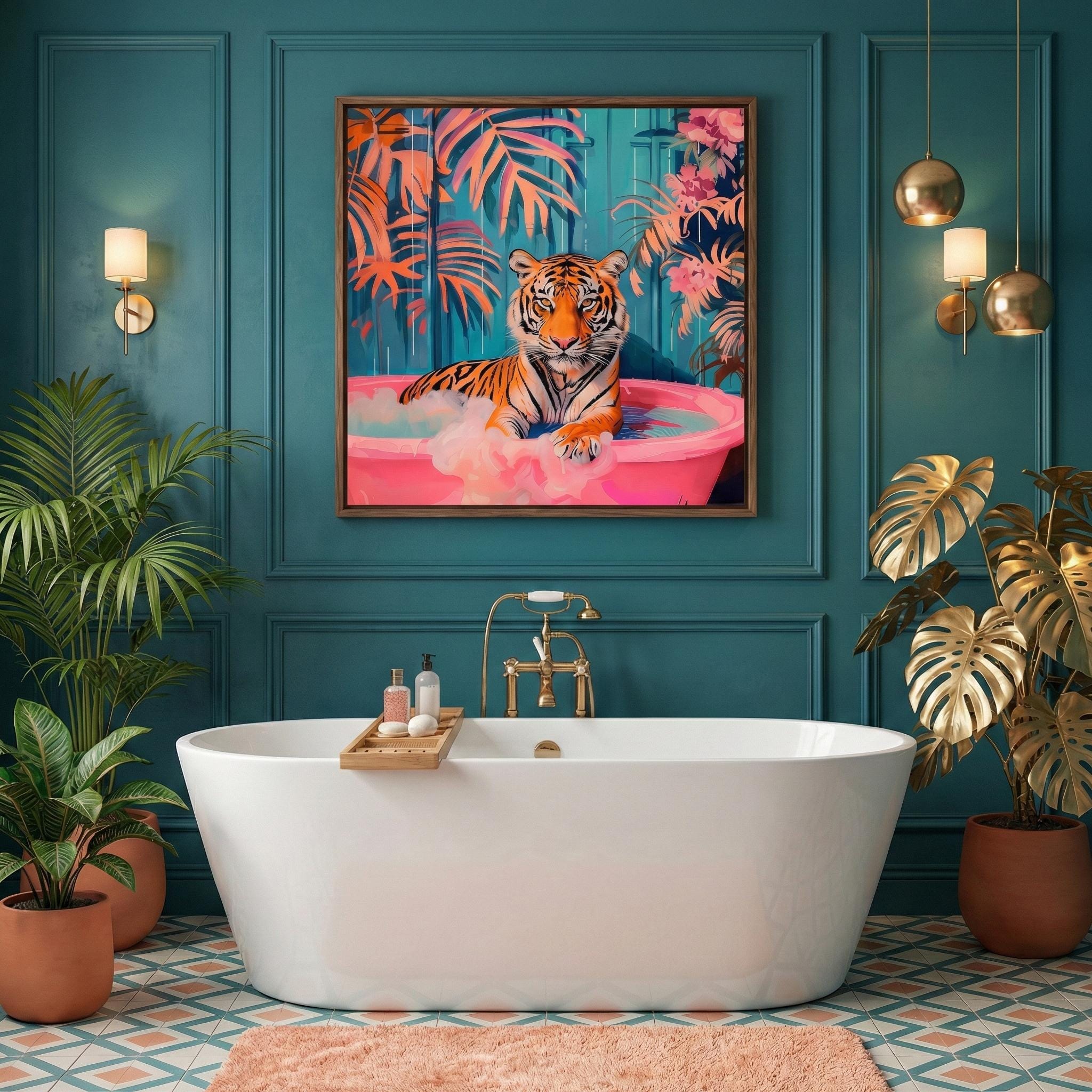 Chic Tiger Wall Art: Pink Bathtub, Maximalist Bathroom Decor