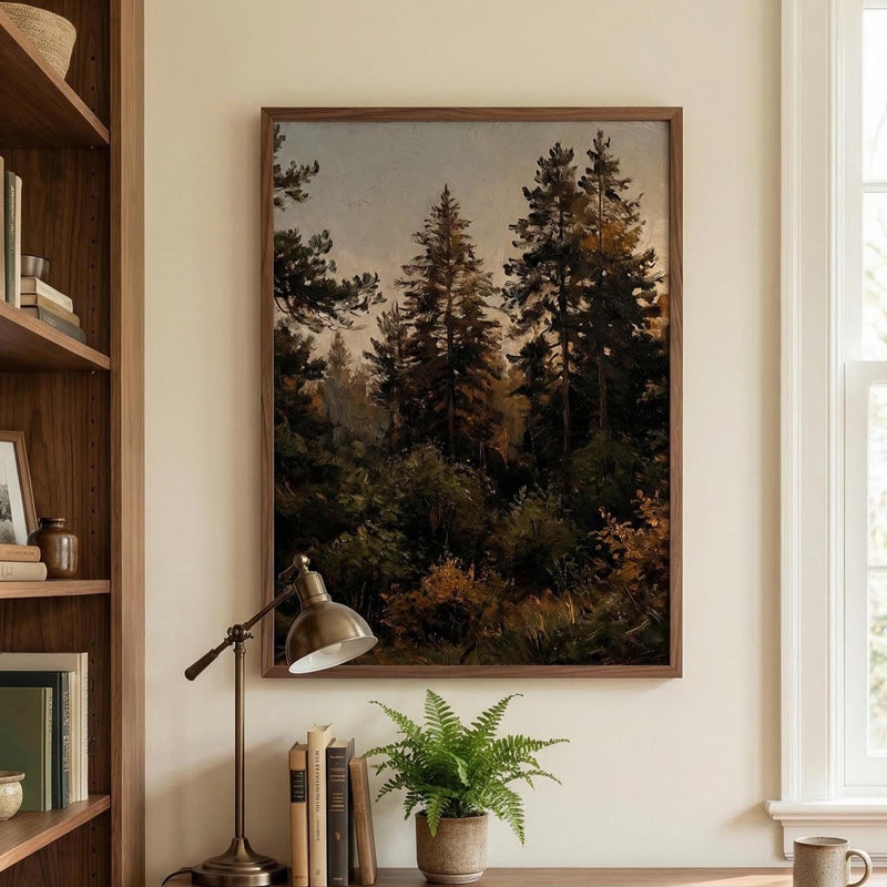Vintage Forest Painting Moody Landscape Wall Art Dark Academia Decor Pine Tree Print Rustic Woodland