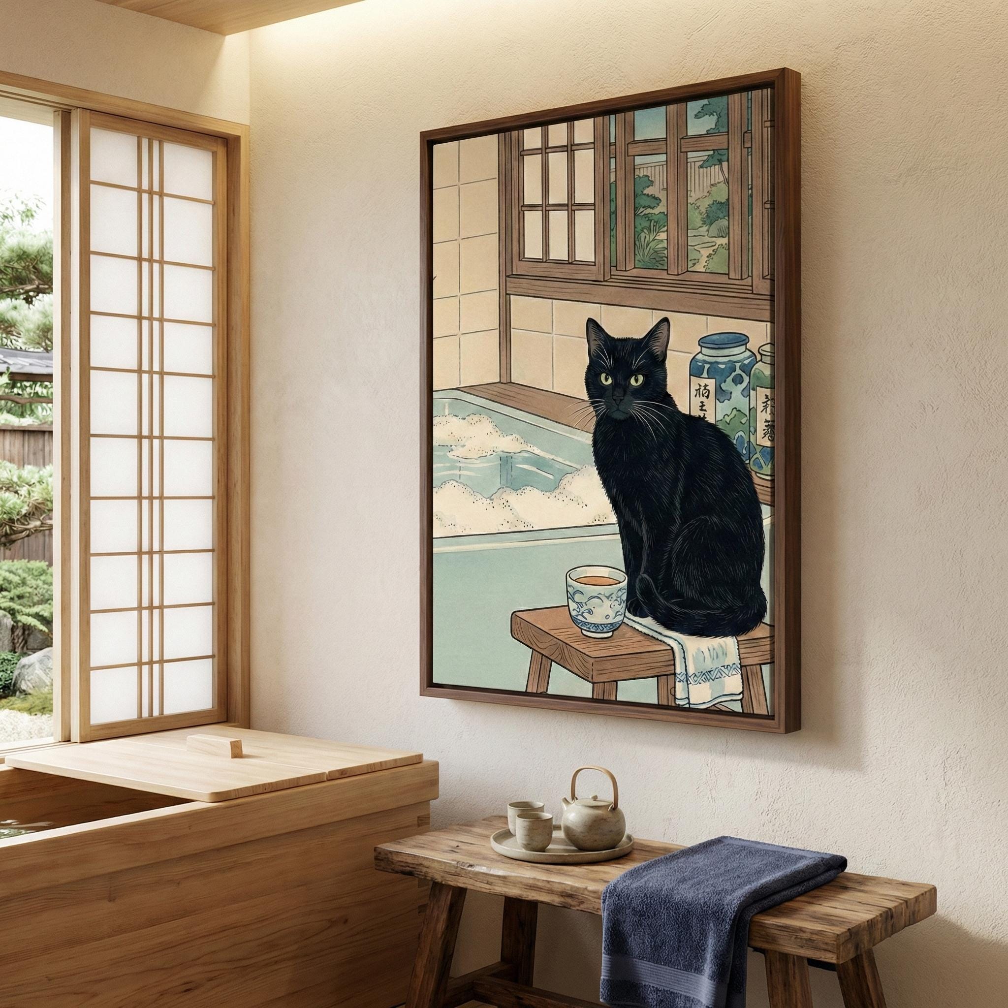 Ukiyo-e Black Cat Wall Art - Japanese Onsen Bathhouse Scene