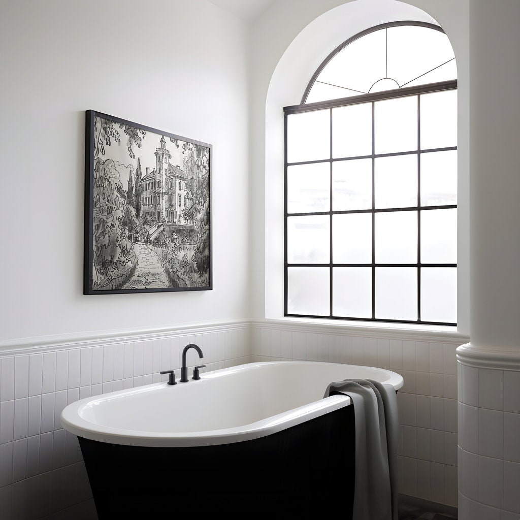 Timeless Elegance: Stately Manor House Ink Drawing | Classic Architectural Wall Art