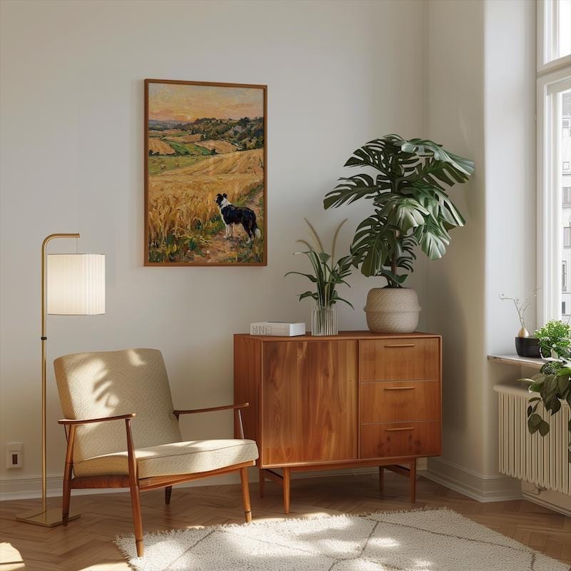 Rustic Border Collie Wall Art - Golden Wheat Field Scene
