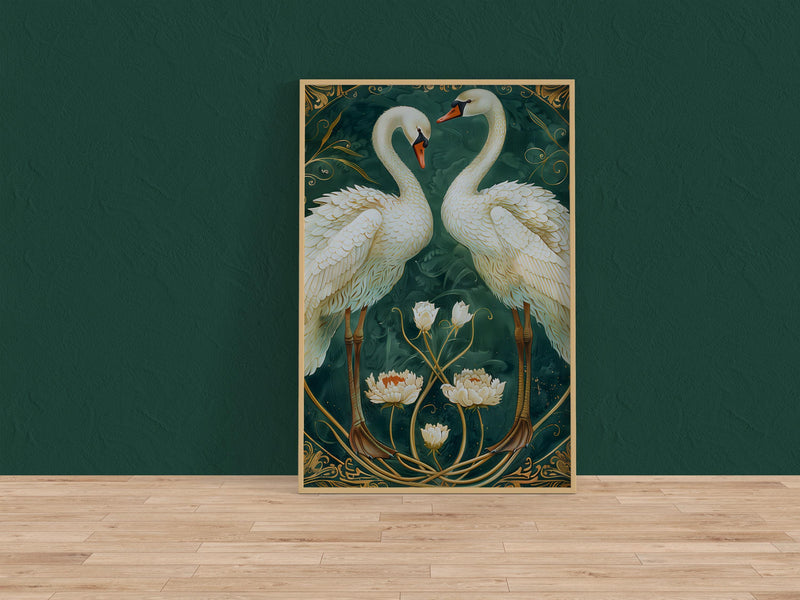 Vintage Swan Wall Art – Elegant Two White Swans Painting with Gold Floral Accents