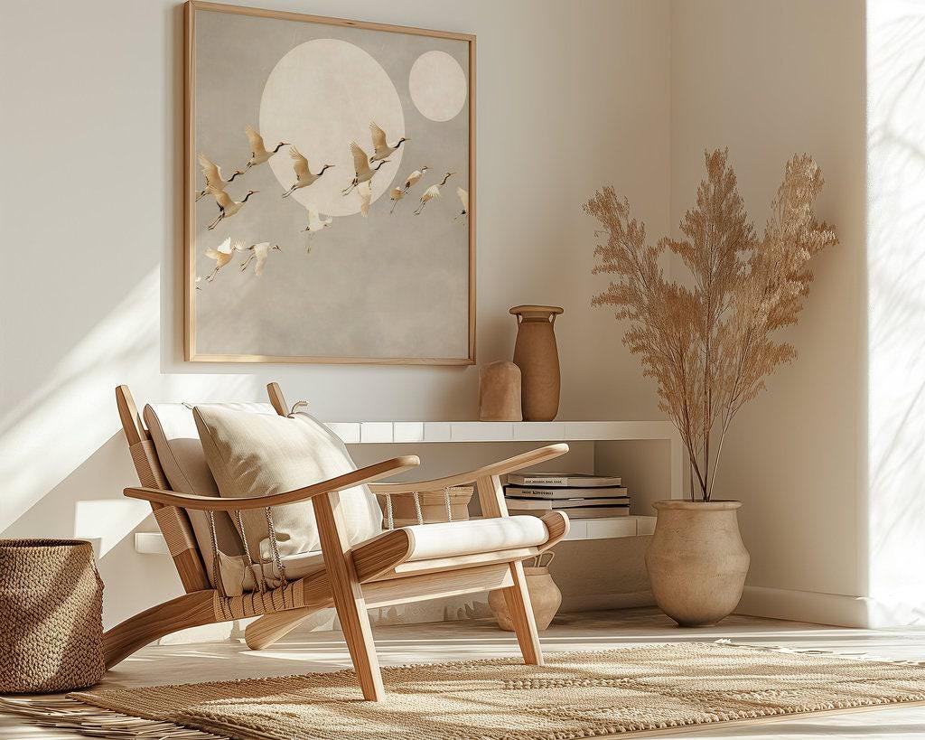 Moonlit Cranes: Serene Japanese Inspired Art | Ethereal Crane & Moon Wall Decor