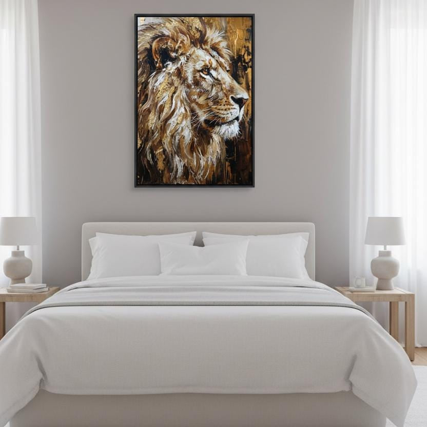 a large, white bed with a framed painting of a lion's head above it, creating a serene and elegant bedroom setting.