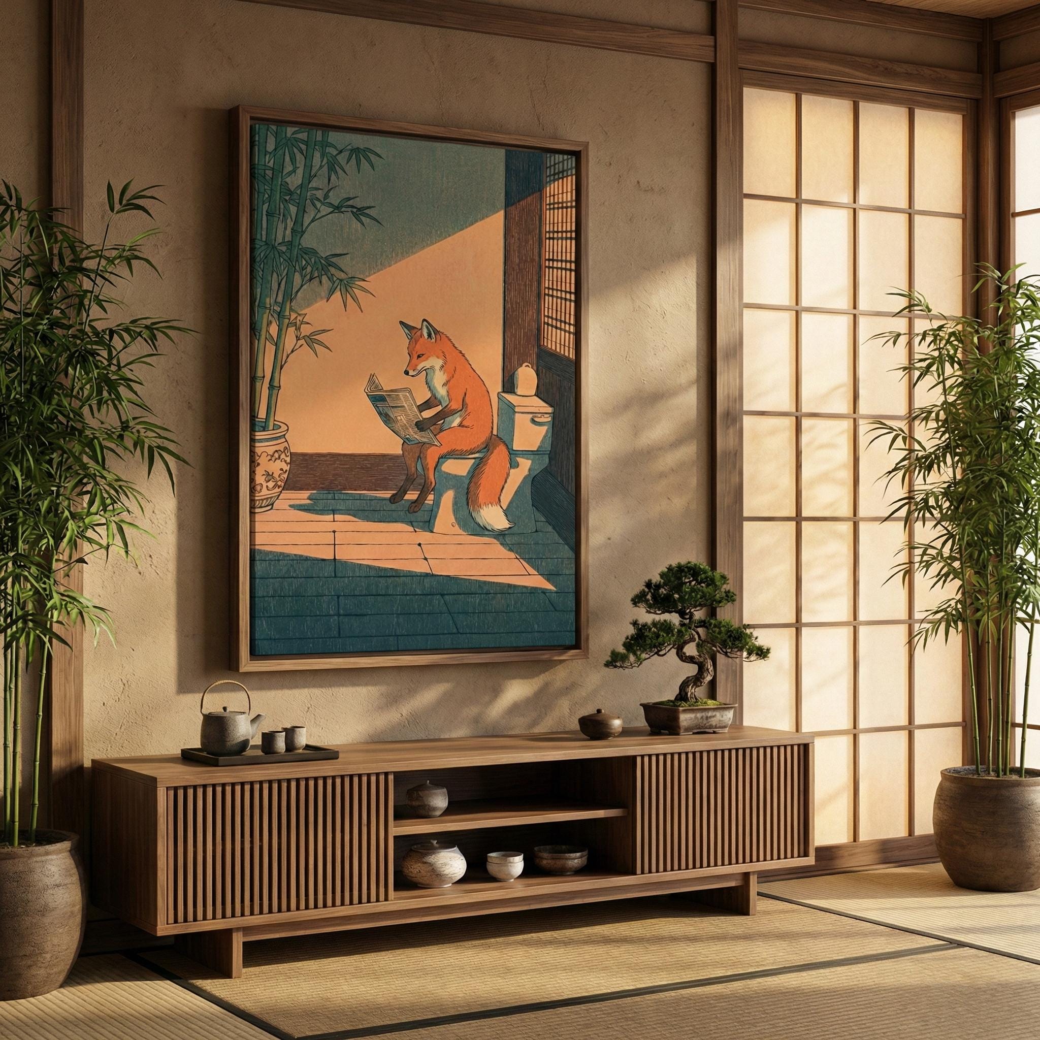 Bathroom Wall Art: Humorous Red Fox on Toilet - Ukiyo-e Style Print