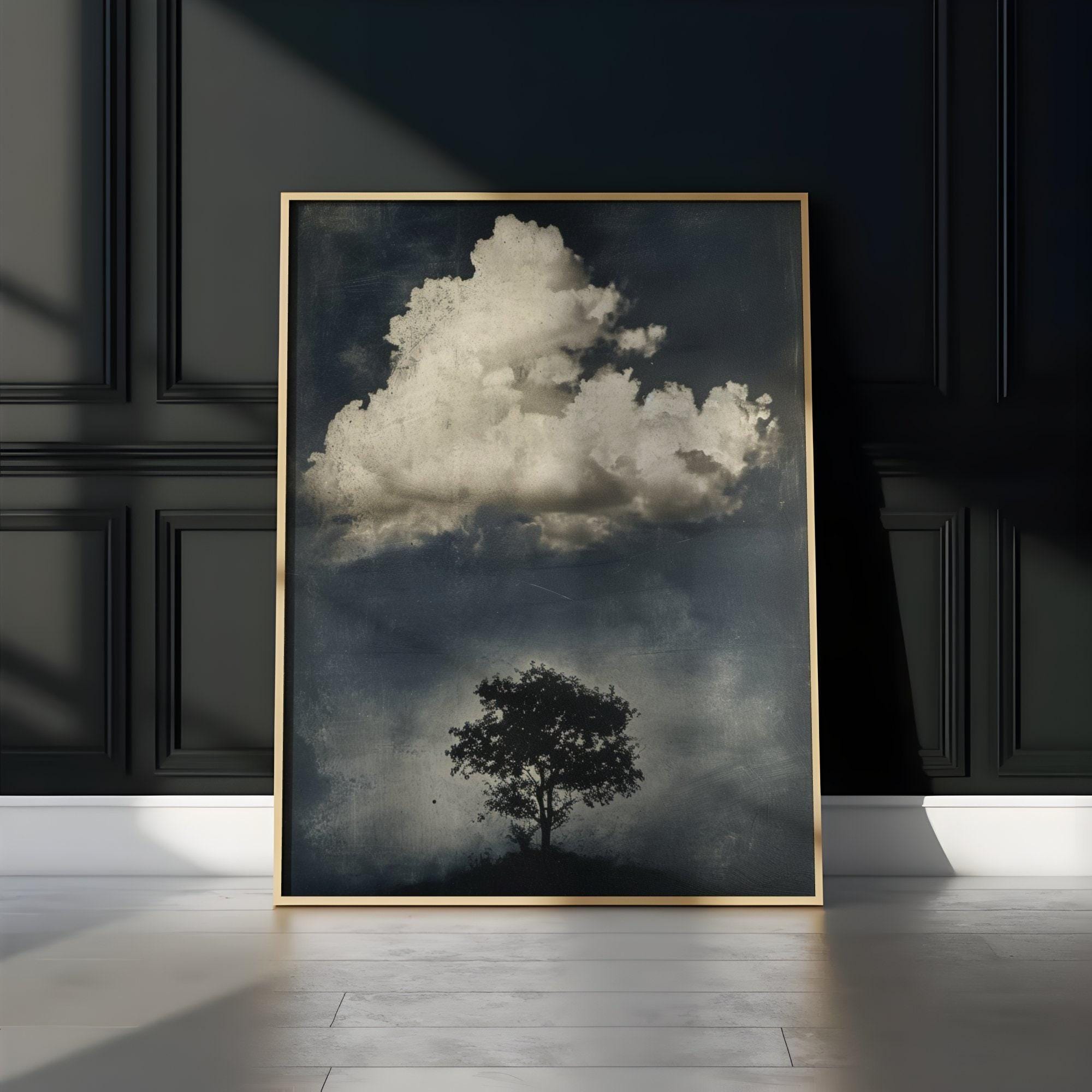The Watcher Wall Art: Moody Tree and Cloud Scene, Vintage Style