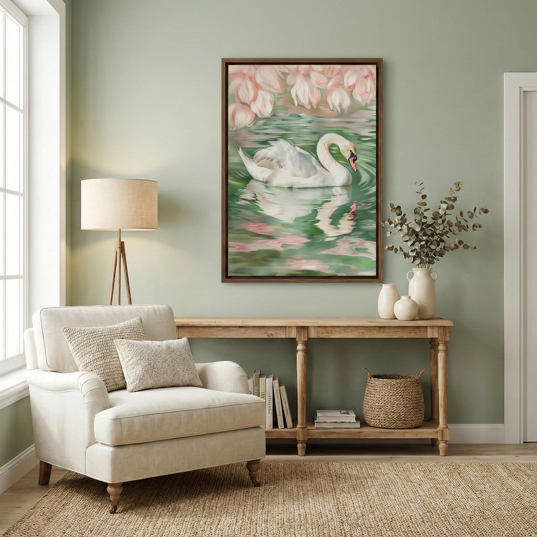 Swan Wall Art: Soft Pink Green Illustration - Calm Nature Scene