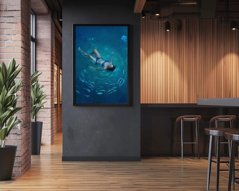 Night Swim Wall Art: Glowing Jellyfish - Moody Ocean Scene