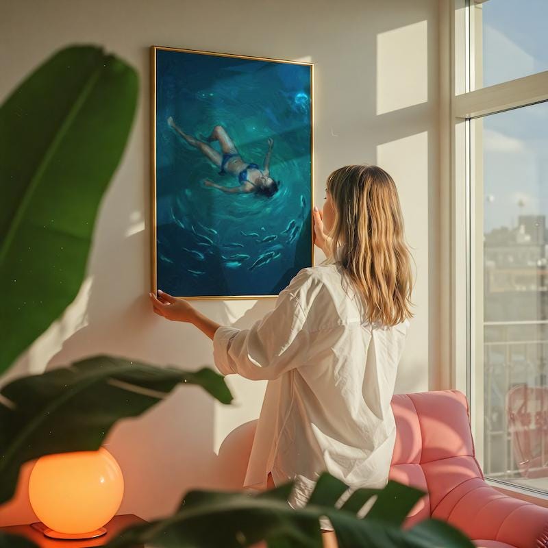 Night Swim Wall Art: Glowing Jellyfish - Moody Ocean Scene